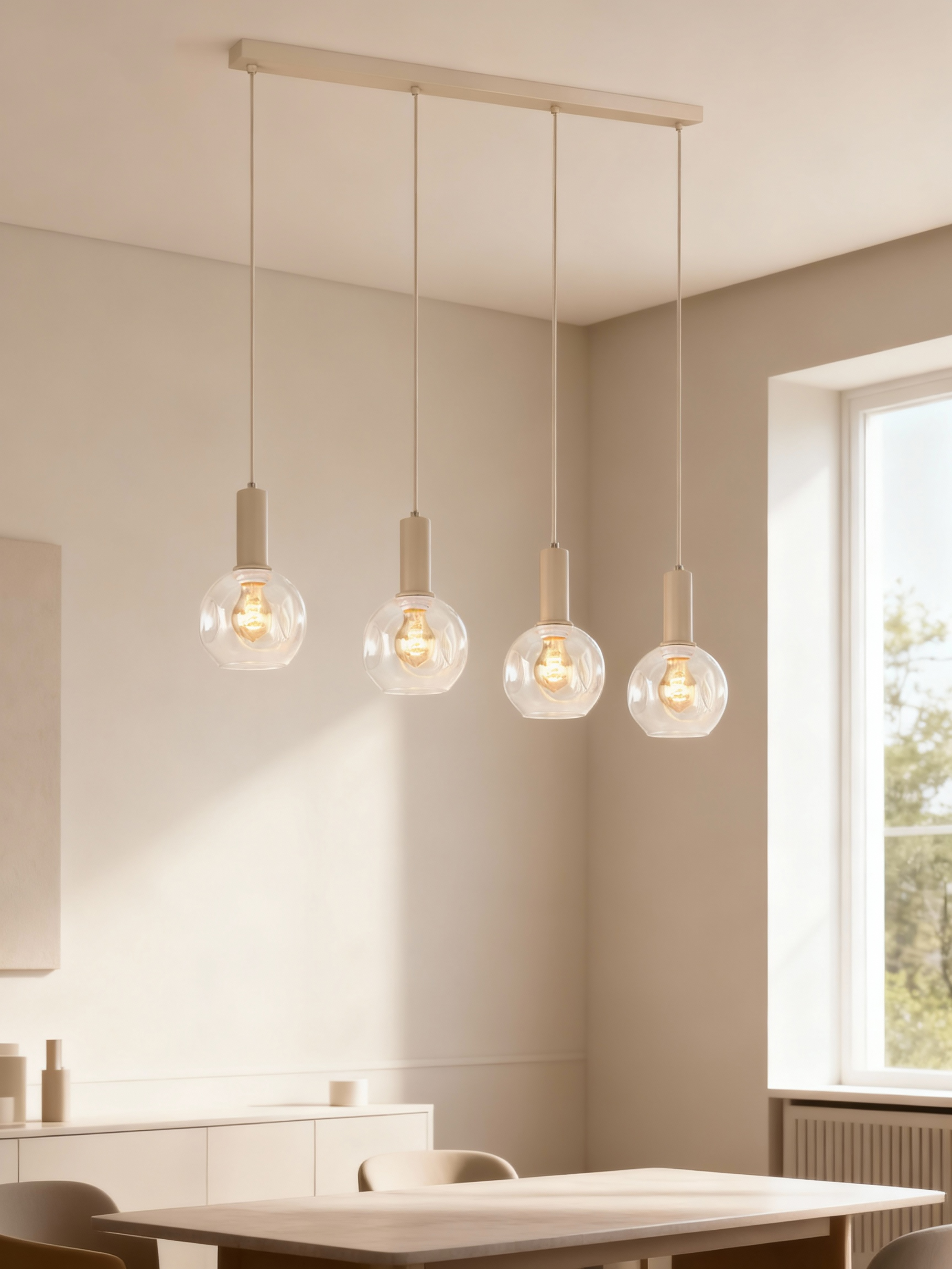 4-Flammig Bilman Pendelleuchte Gusseisen Klarglas Beige