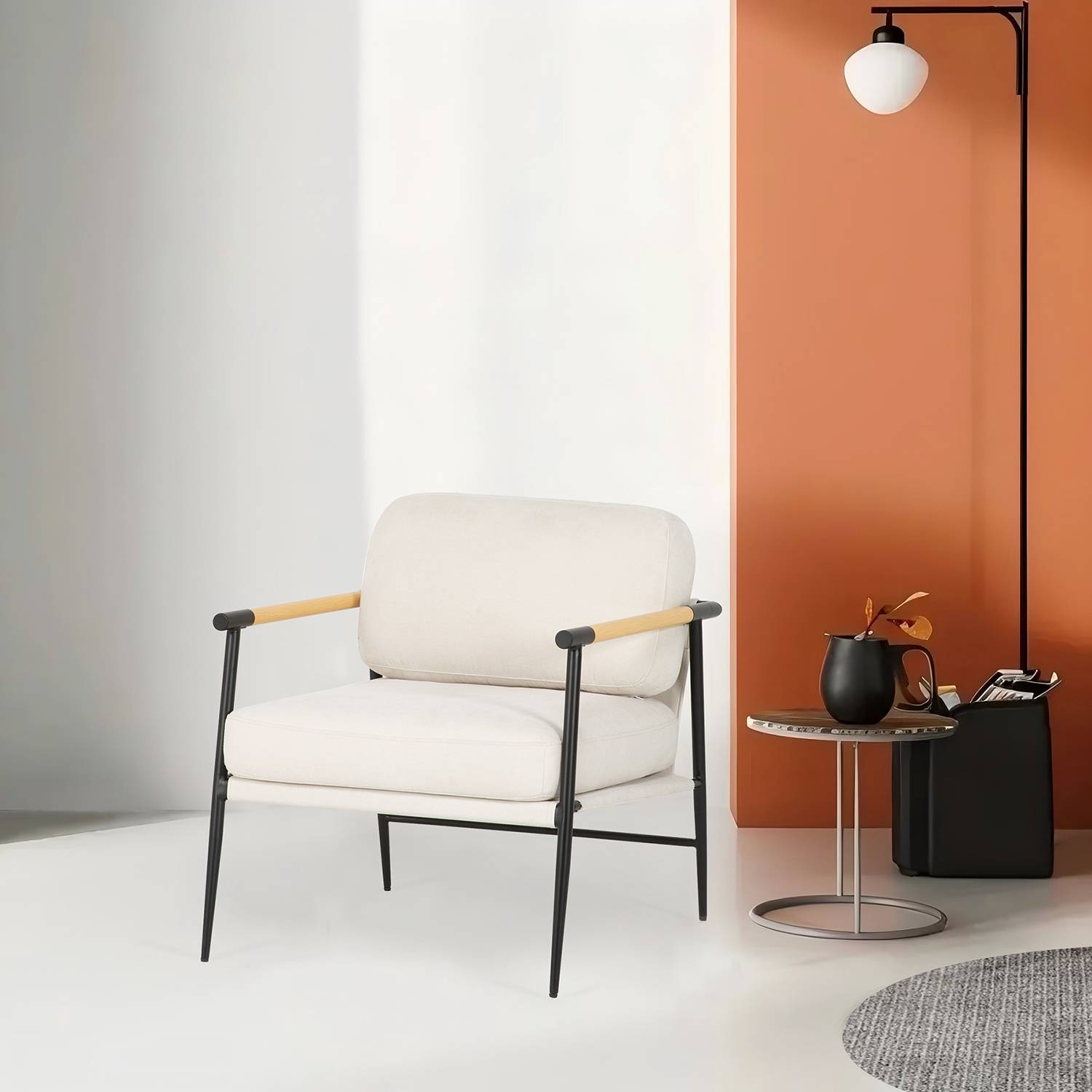 KOCANUS Lounge Chair Woven Fabric Iron Cream