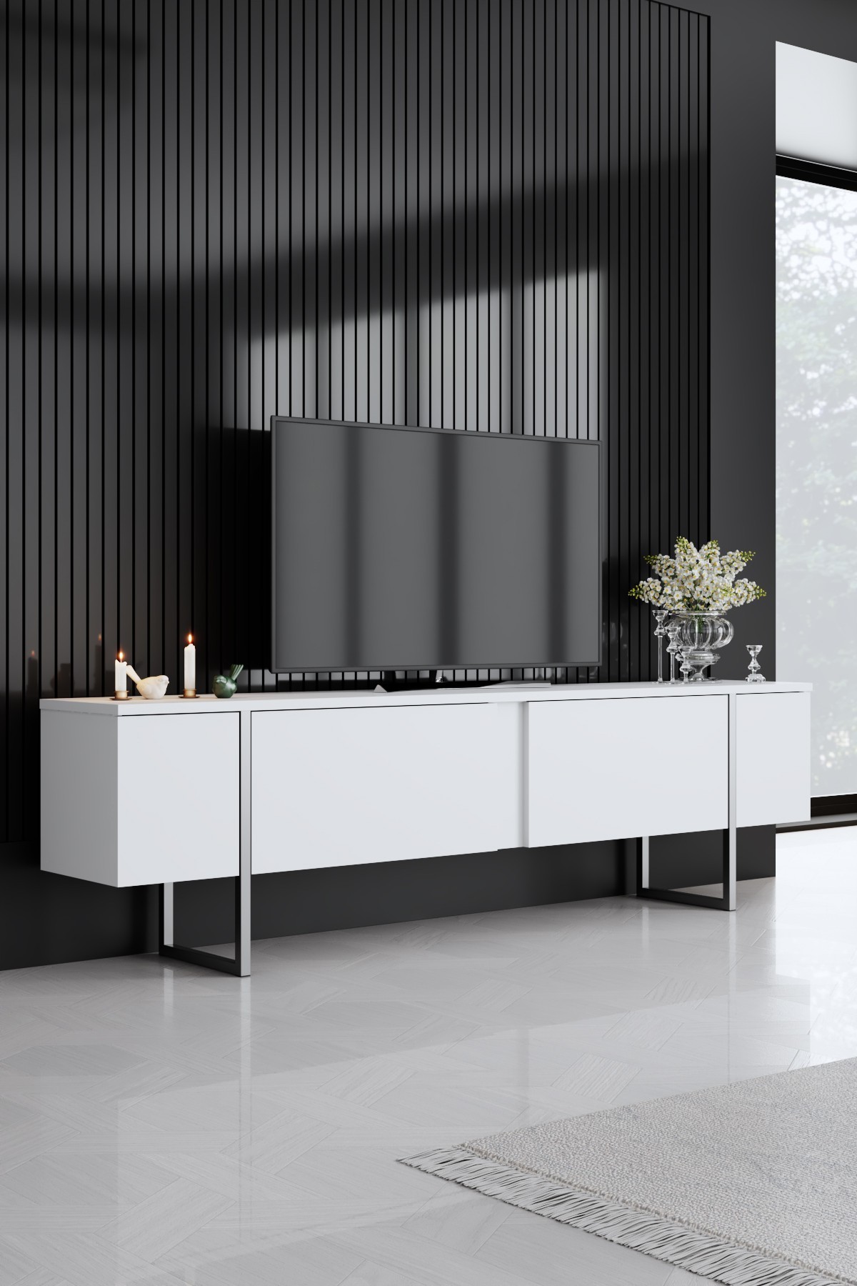 Luxury TV cabinet wood veneer white silver