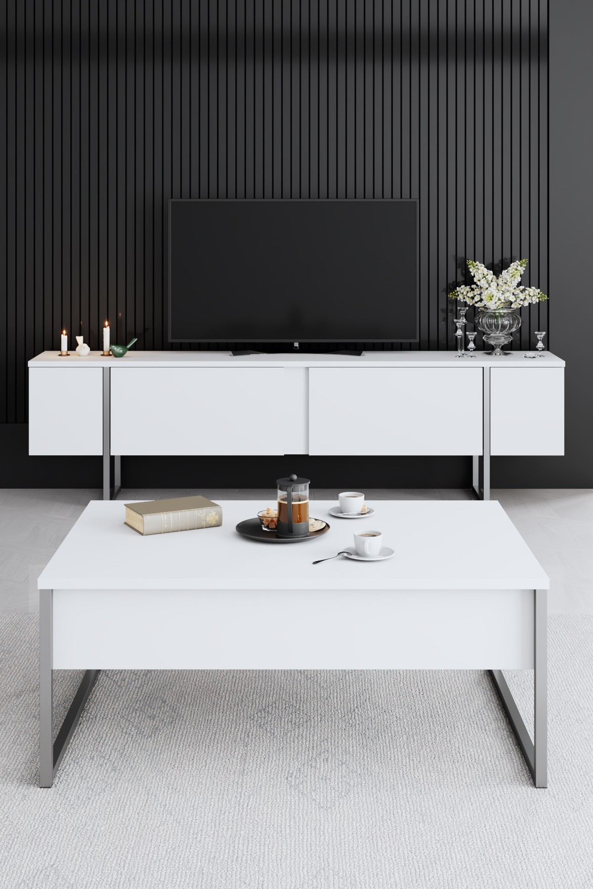 Luxury TV cabinet wood veneer white silver