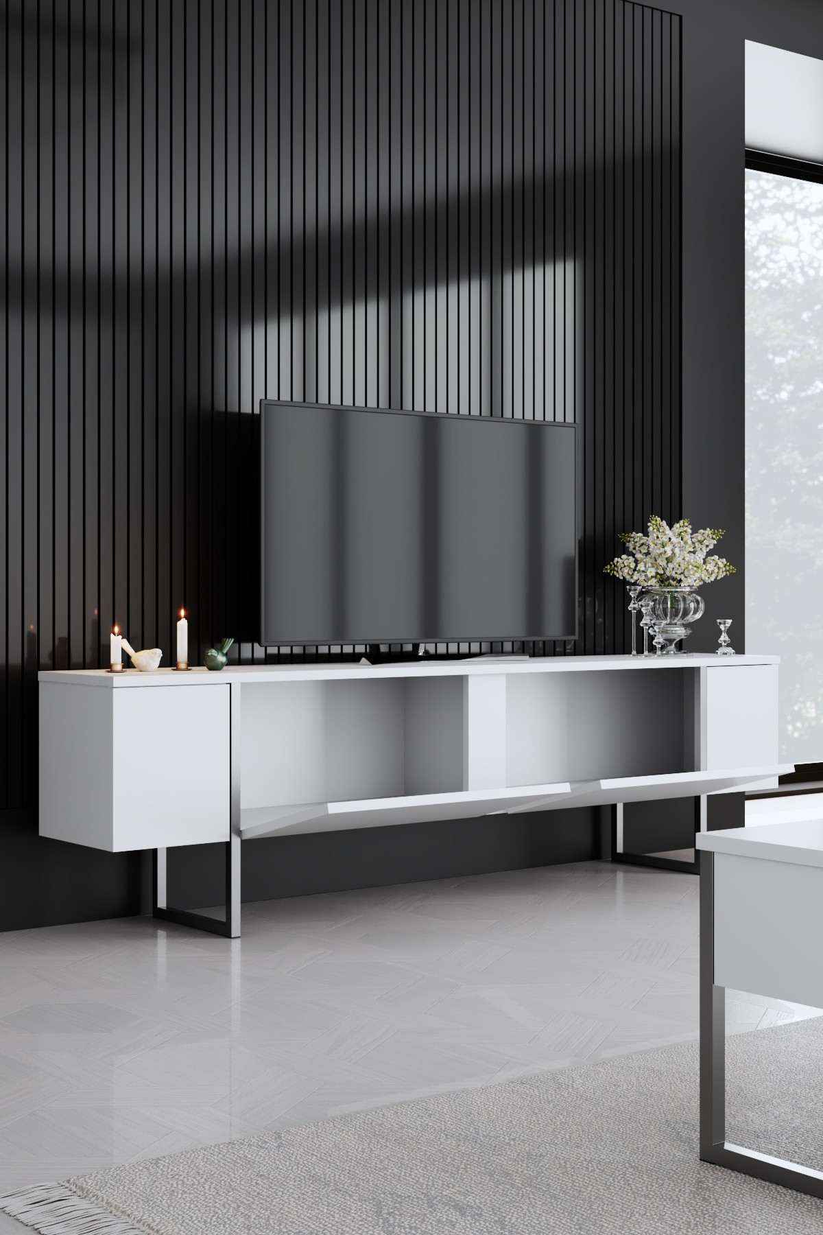 Luxury TV cabinet wood veneer white silver