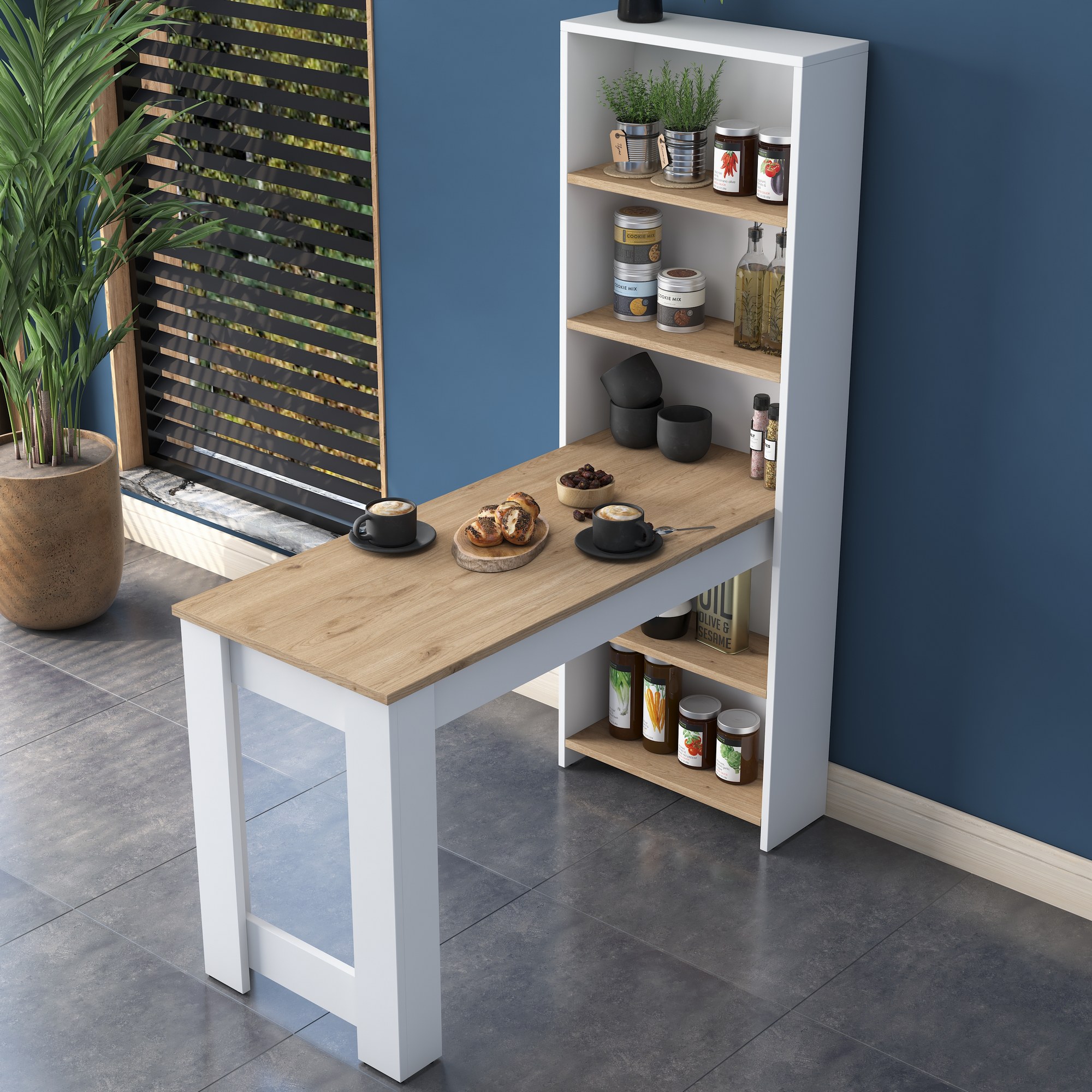 Kitchen table with shelf walnut brown white