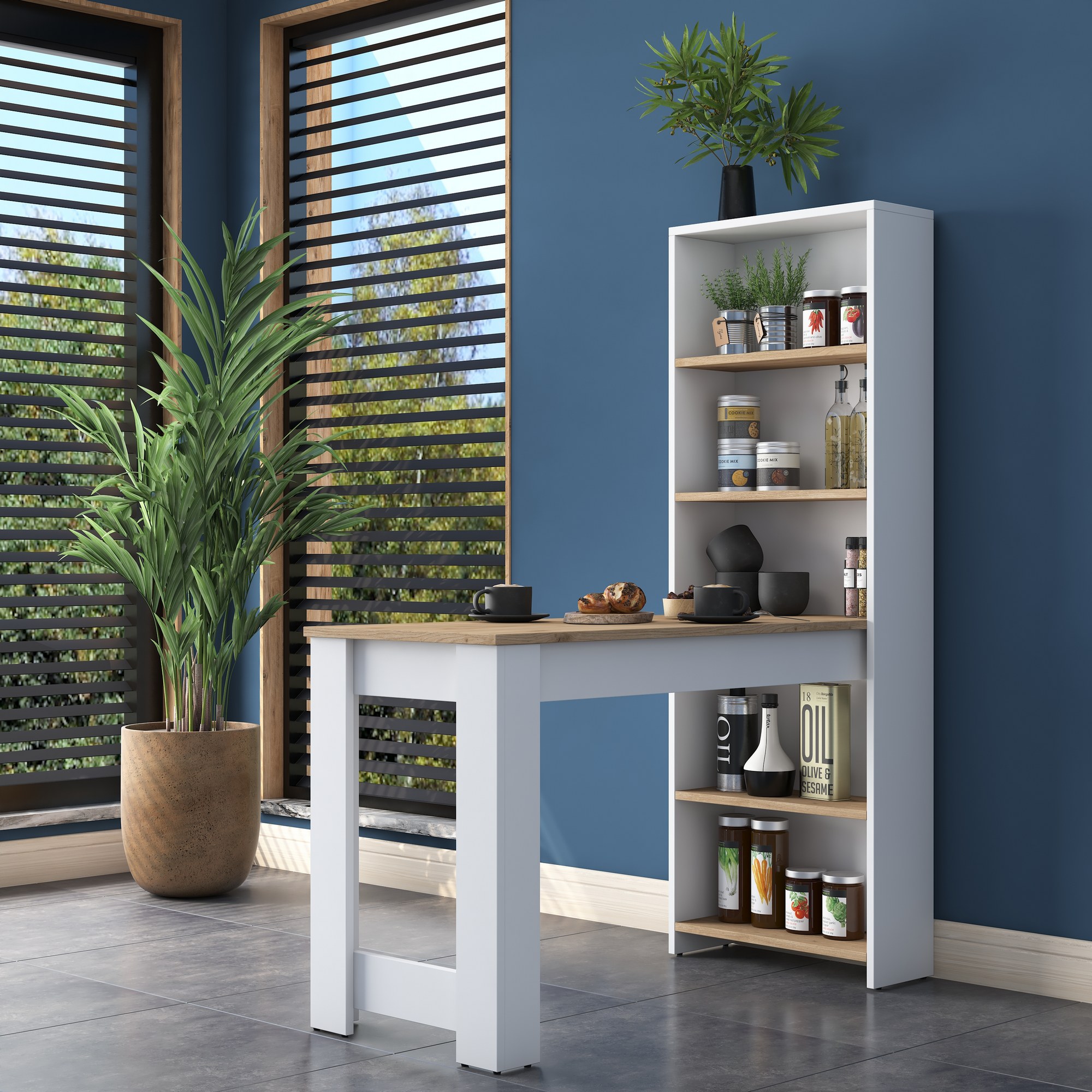 Kitchen table with shelf walnut brown white