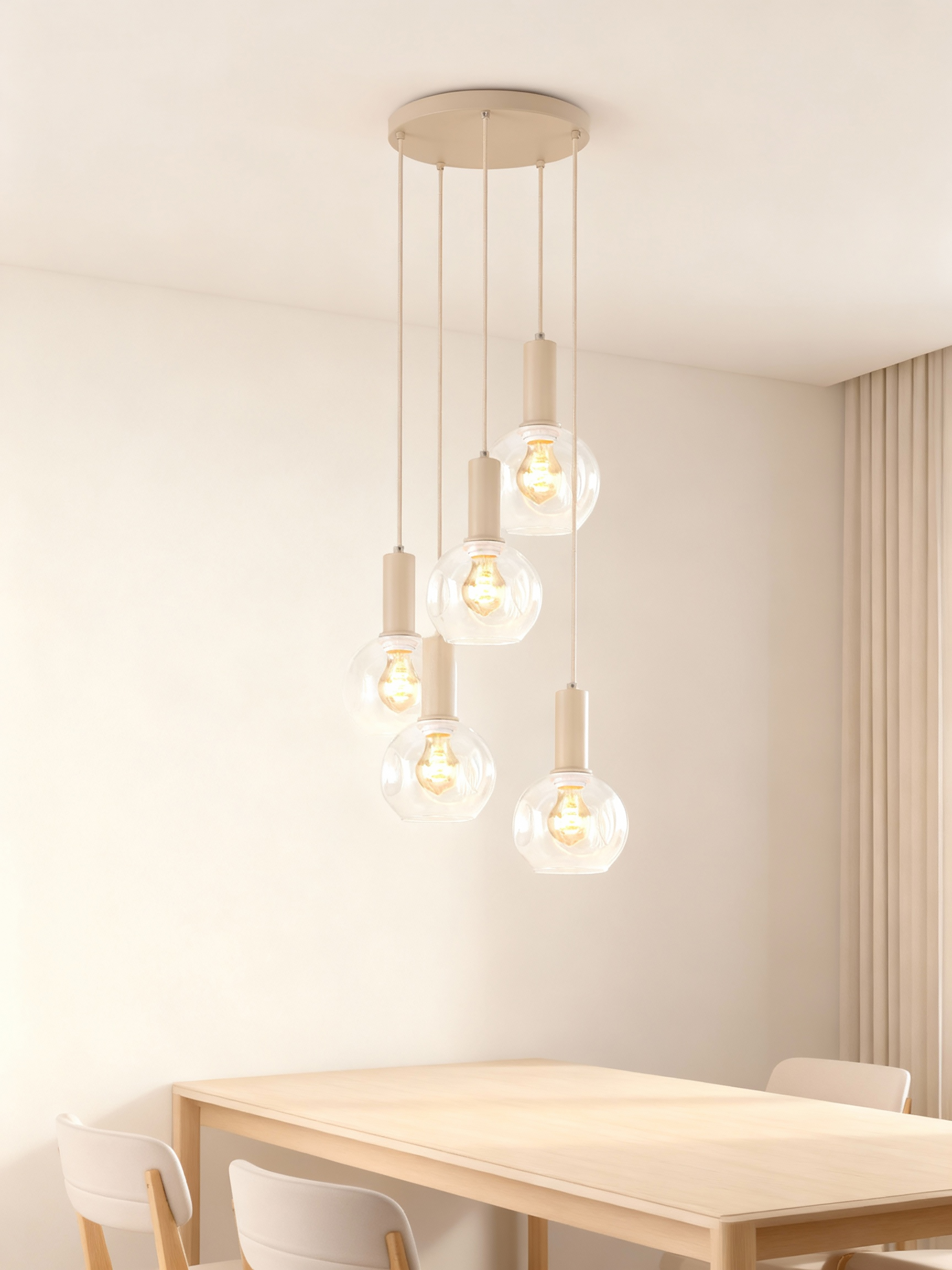 Bilman Round Pendant Light 5-bulb Cast Iron Clear Glass Beige