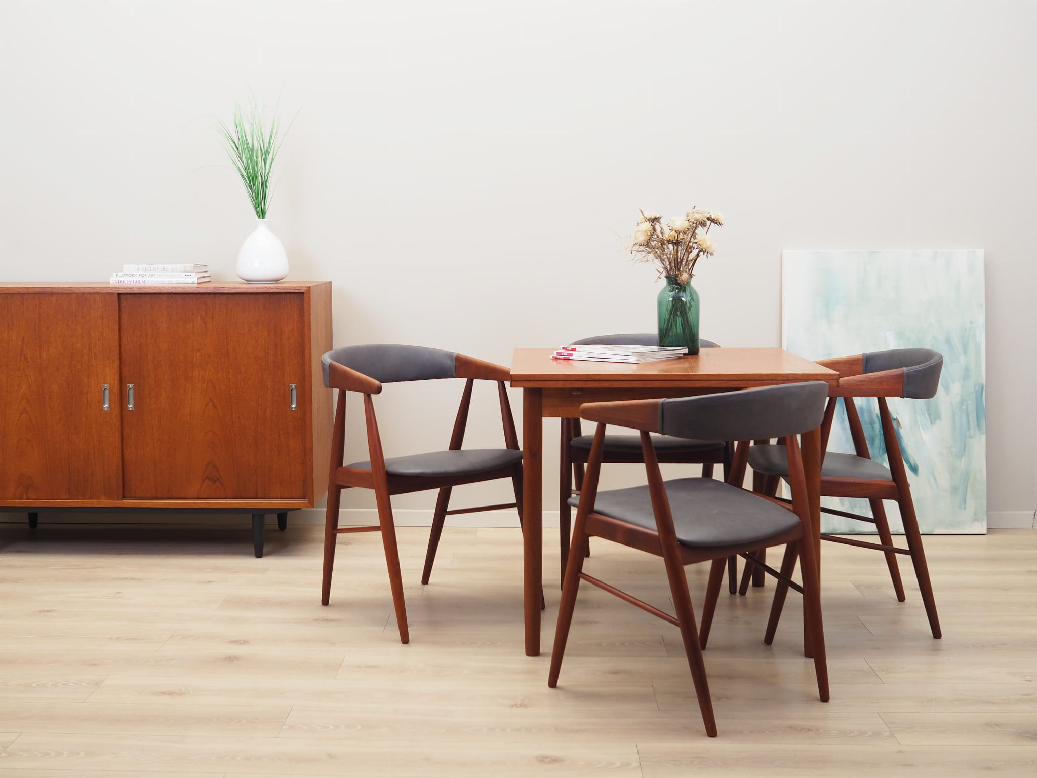 4x Vintage Chair Teak Wood Leather Gray 1960s