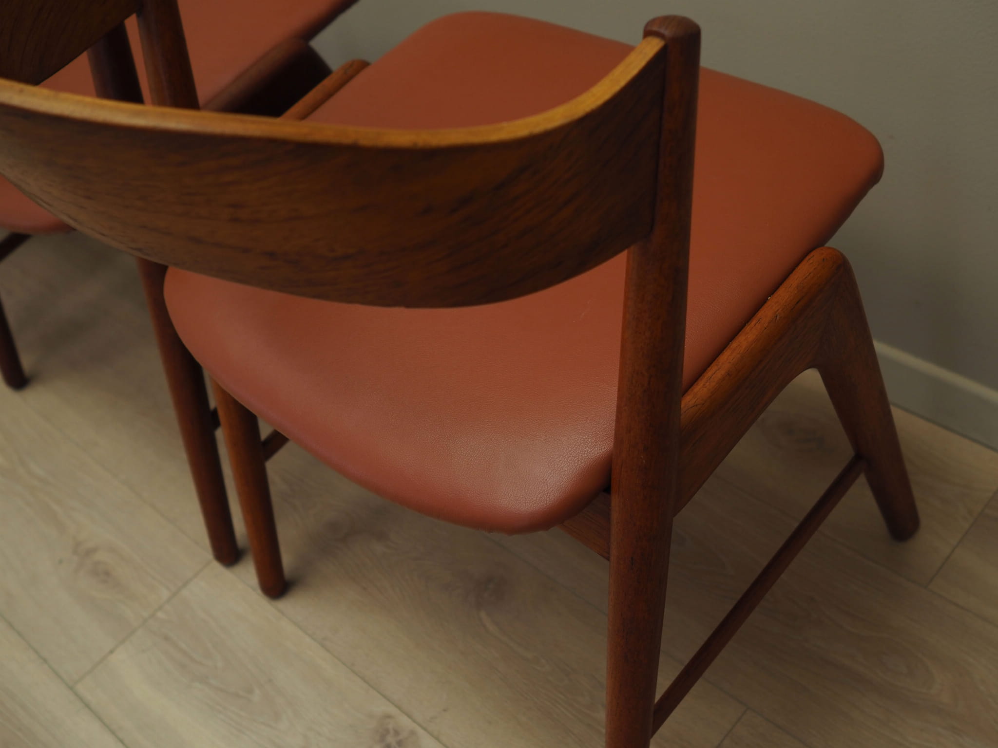 4x Chair Teak Wood Faux Leather Beige 1970s