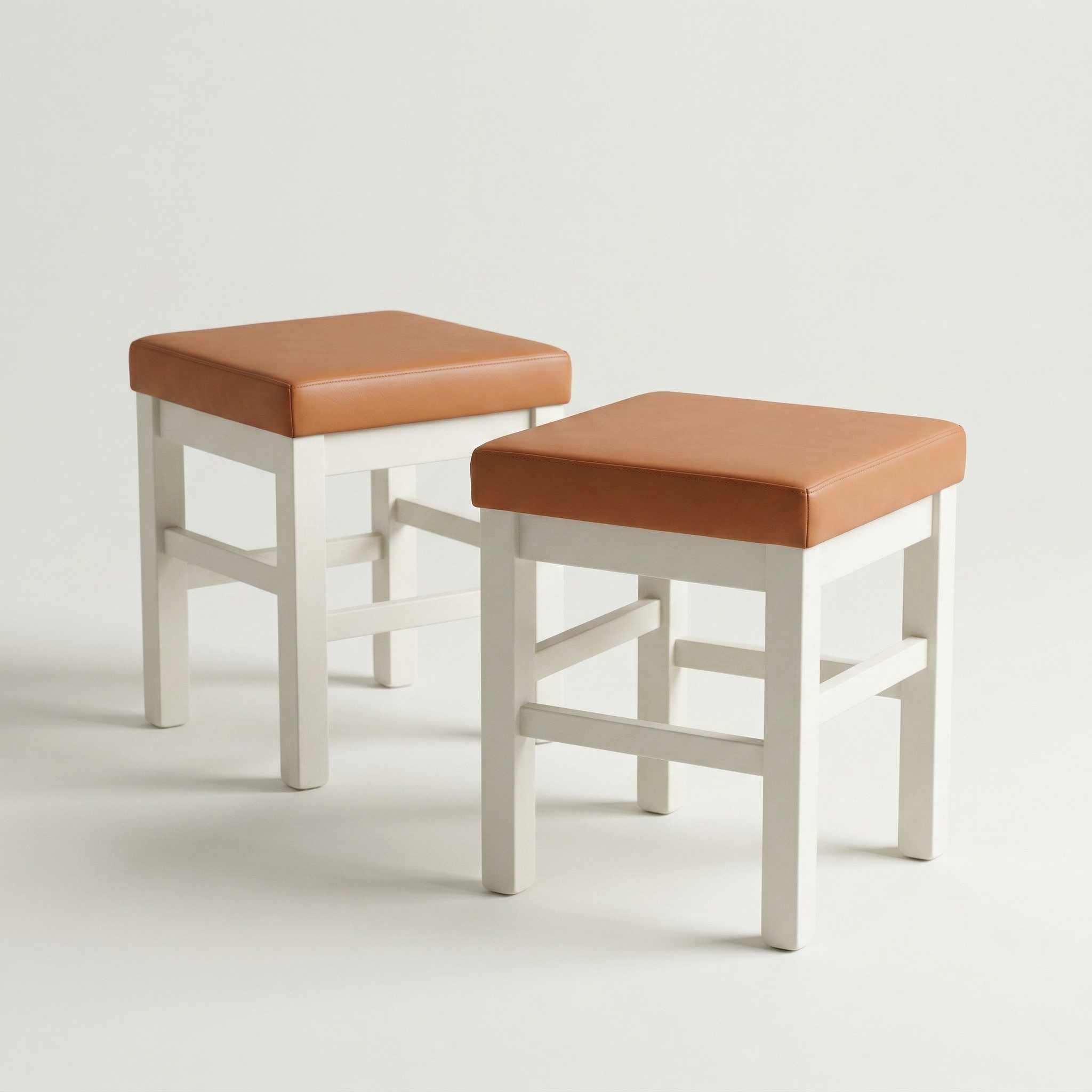 2x Square Stool Wood Faux Leather White