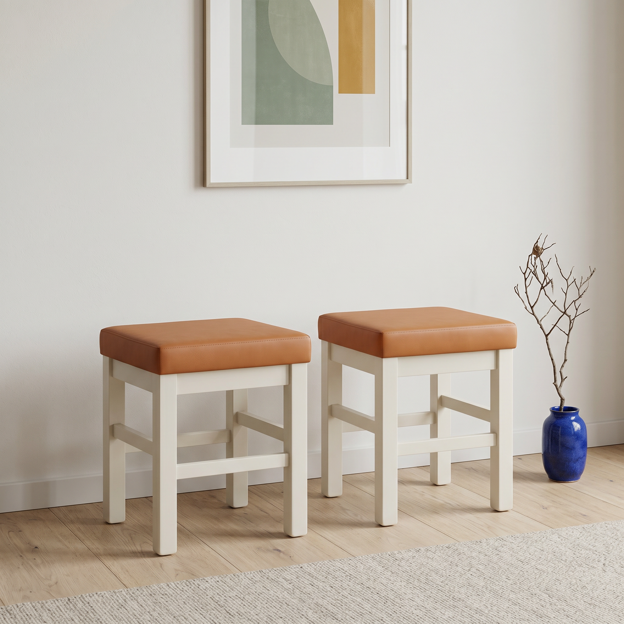 2x Square Stool Wood Faux Leather White