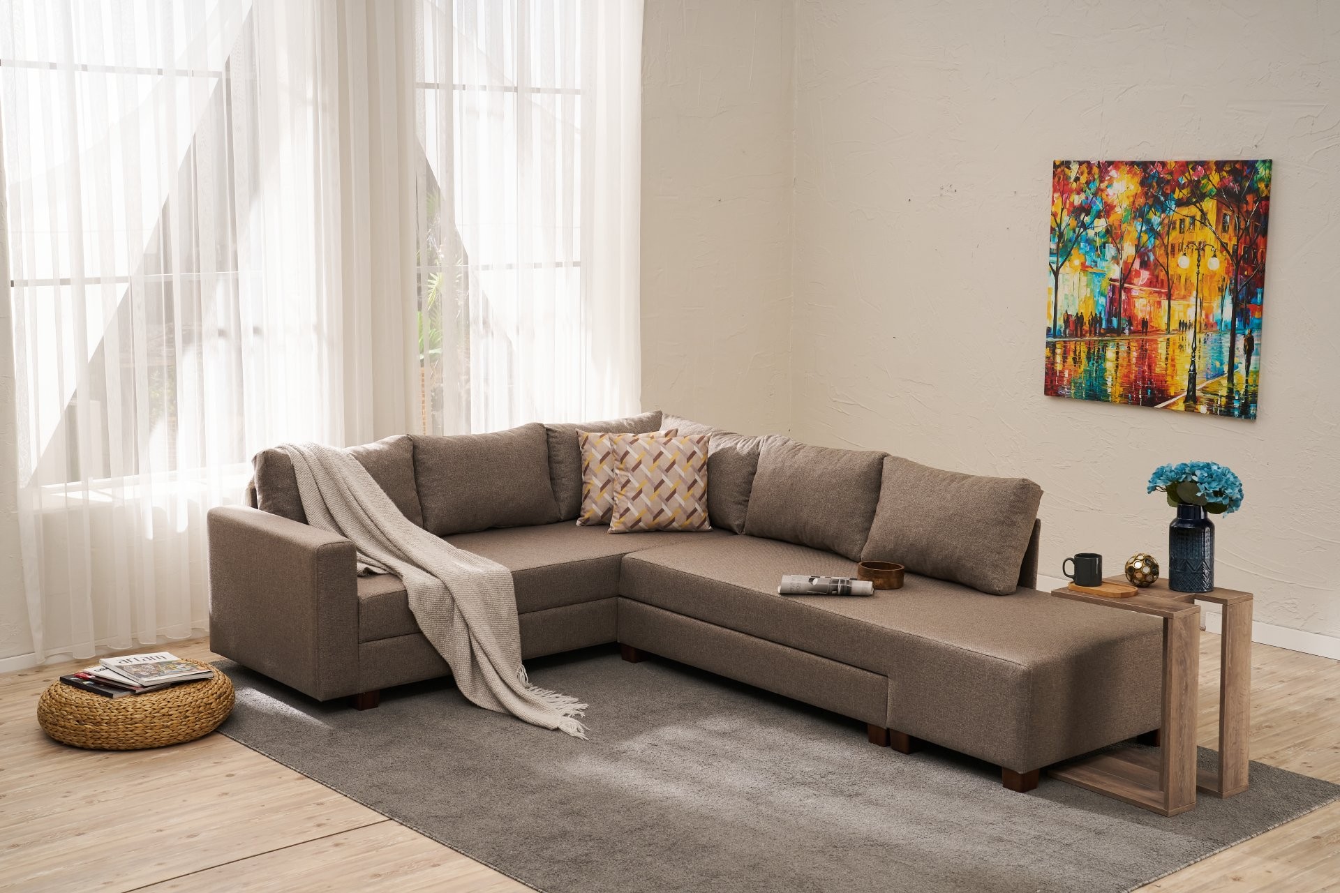 Aly sofa bed chaise lounge right cotton brown