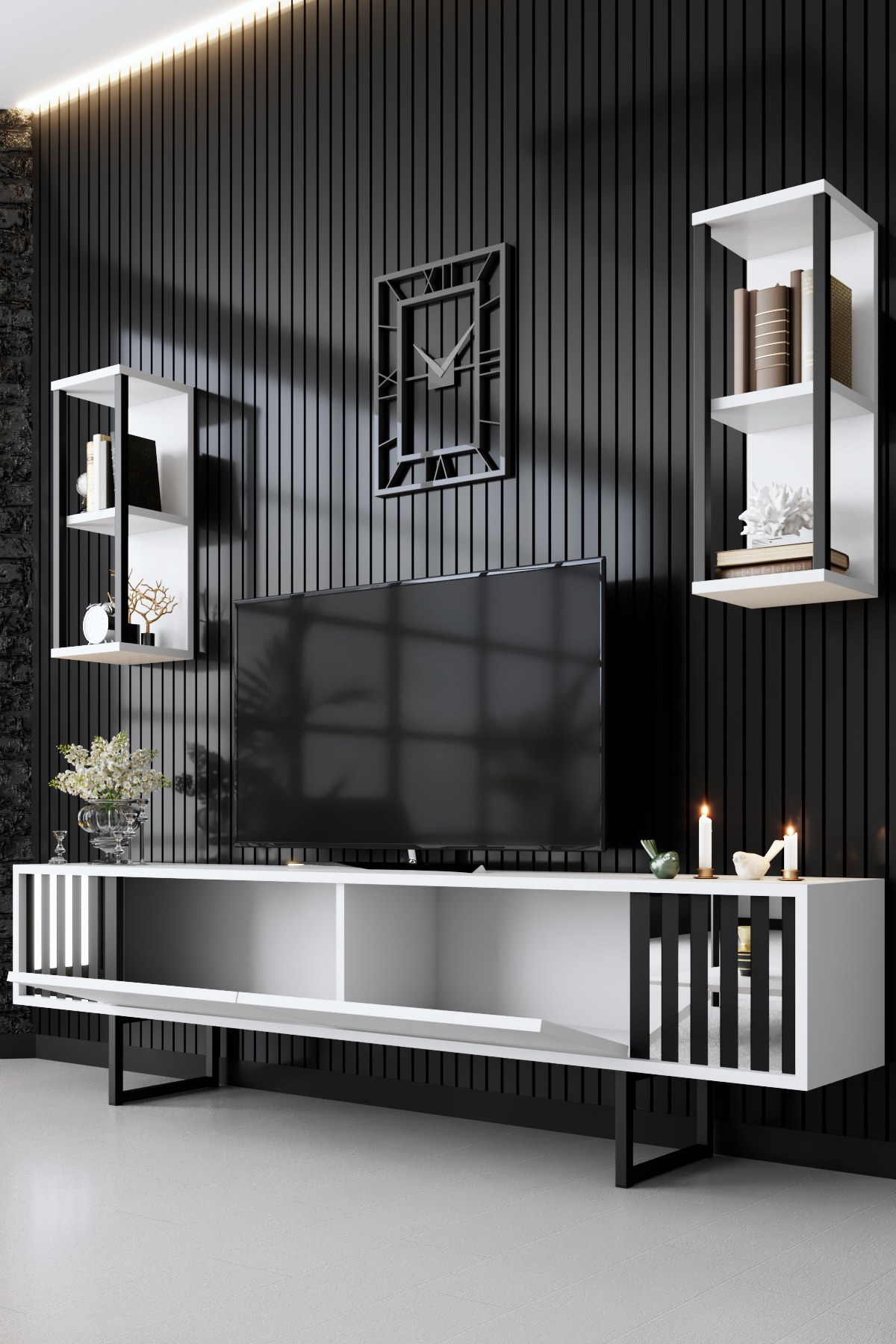 Chrome Line TV cabinet Wood veneer White Black