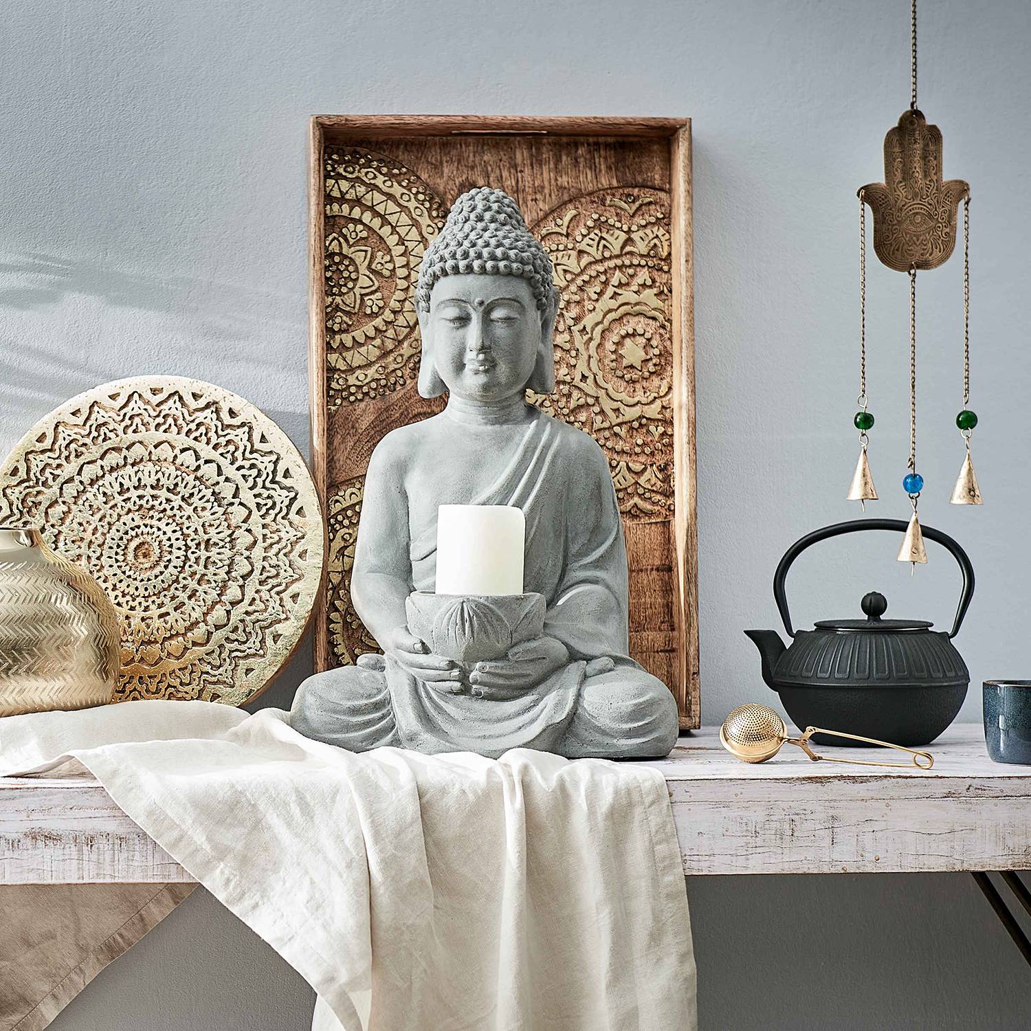 Kerzenhalter BUDDHA Kaolinit / Steinpulver Grau Höhe: 46 cm