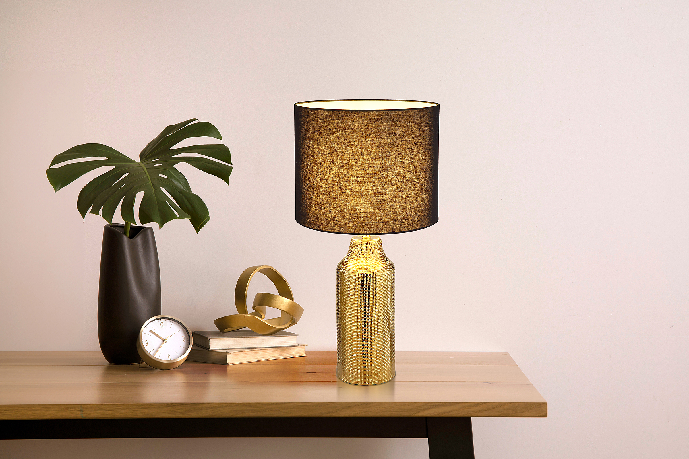 Table lamp Elden structural fabric ceramic black gold