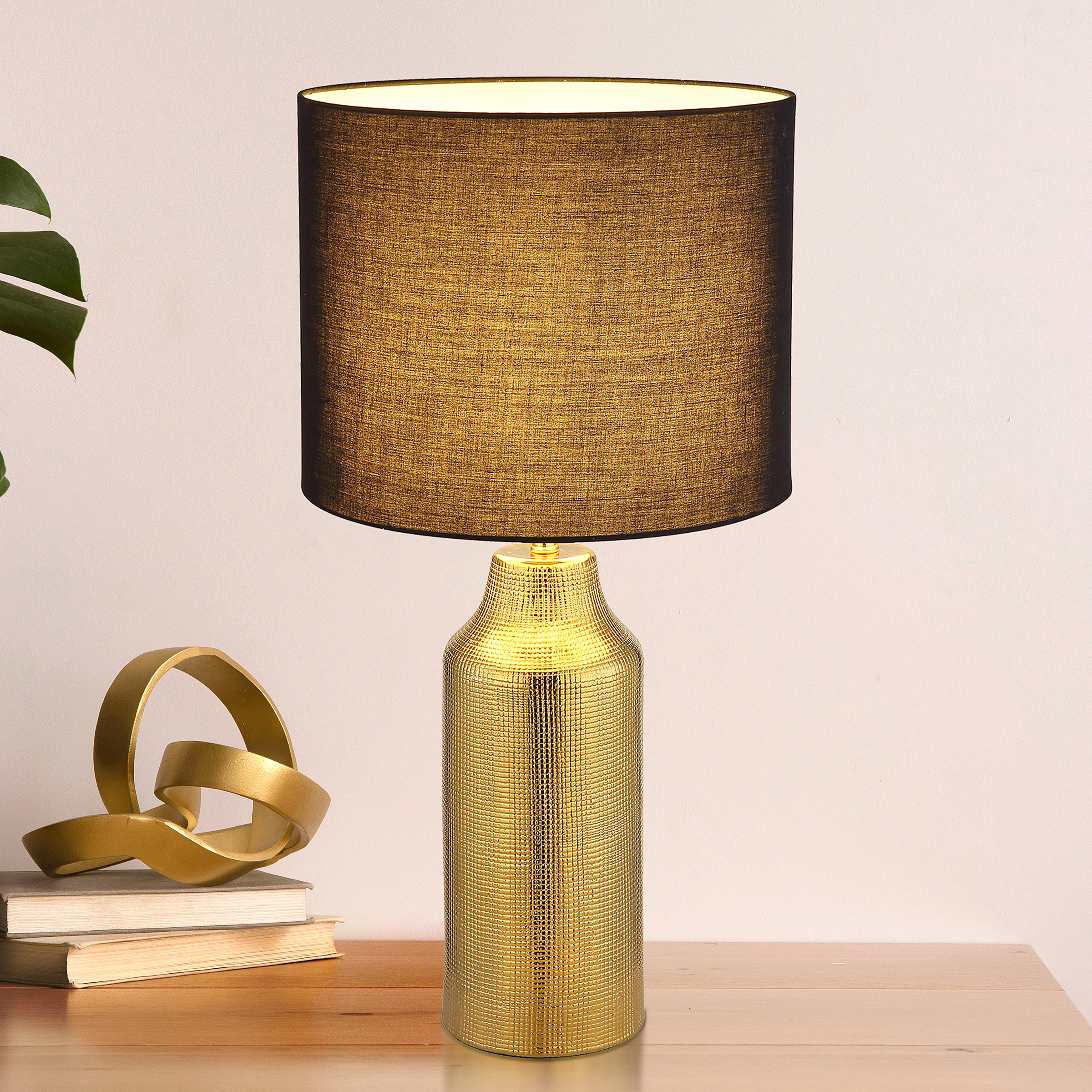 Table lamp Elden structural fabric ceramic black gold