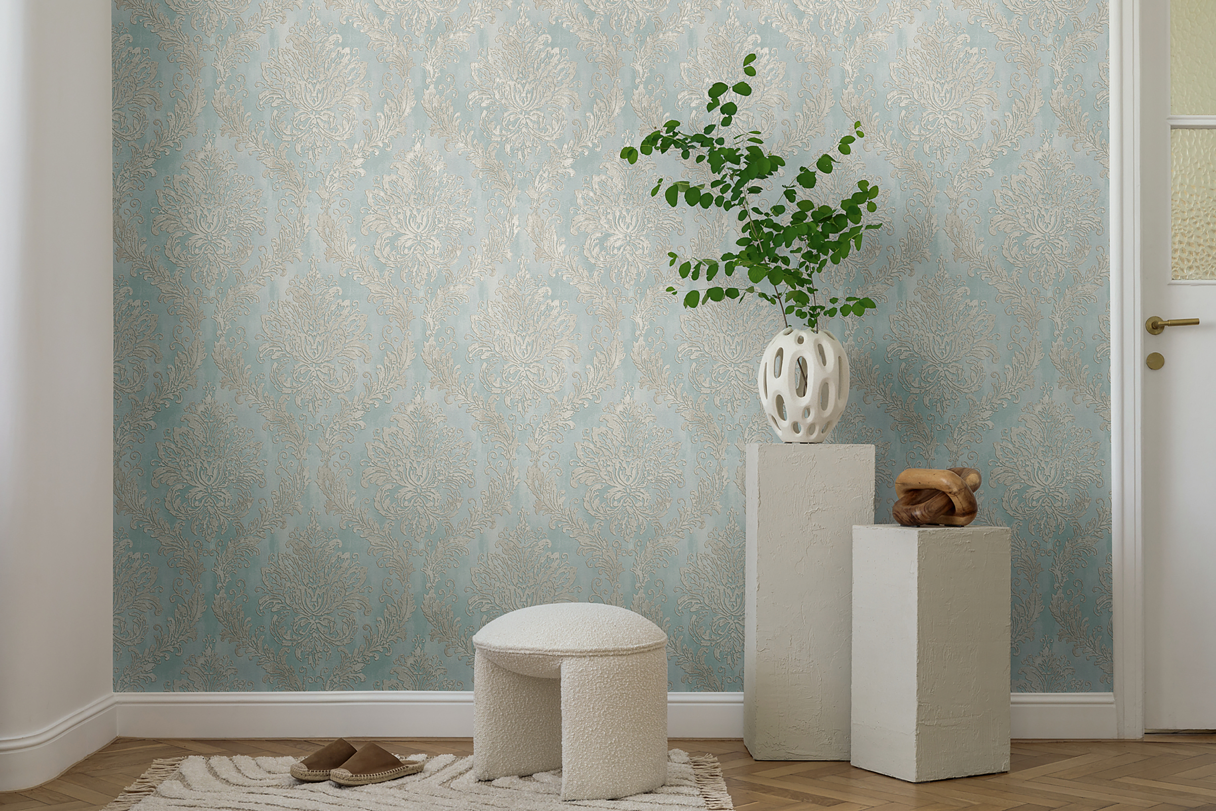 Vliestapete Hoa Luxus Ornamente Vlies Taubenblau / Creme