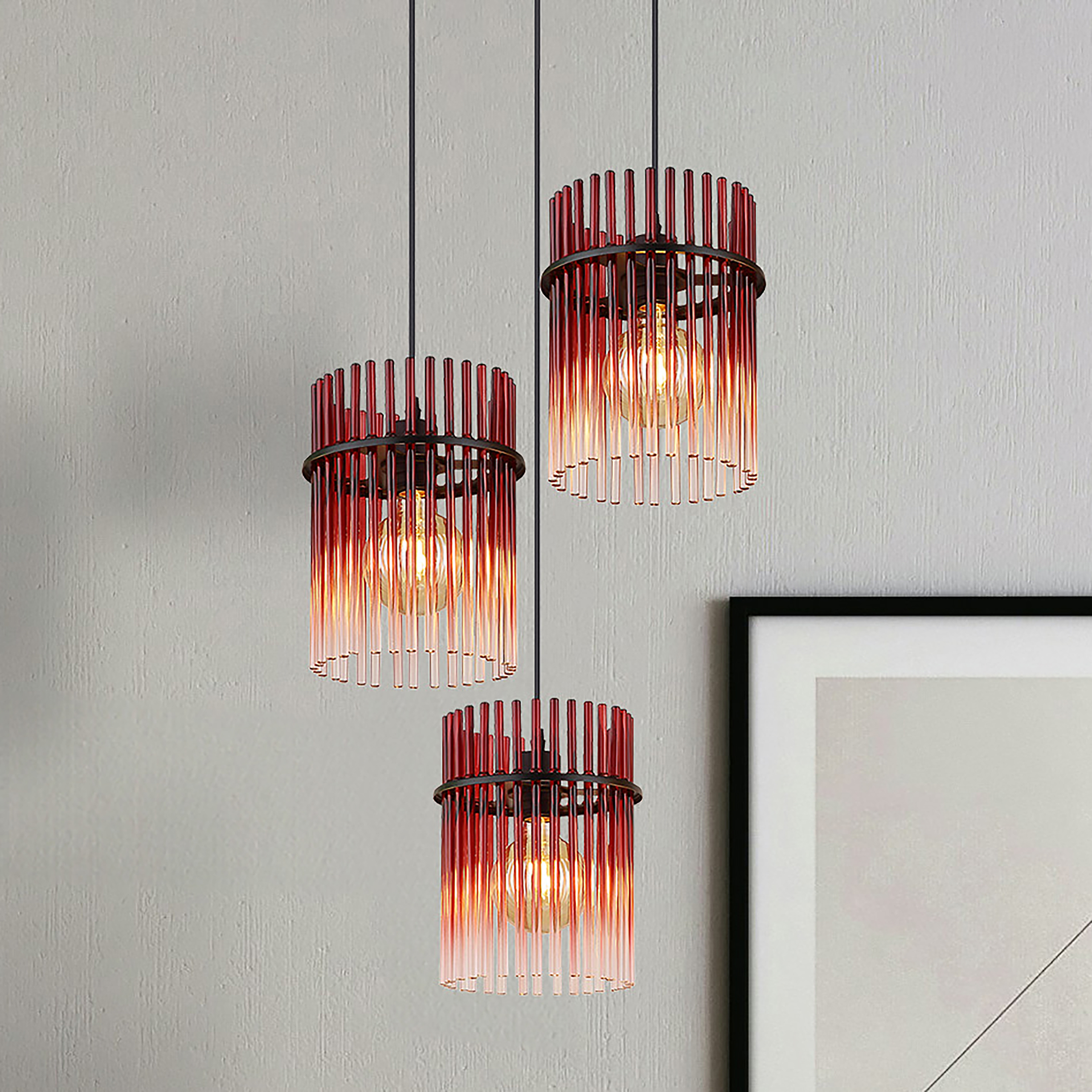 Pendelleuchte Gorley Typ B Farbglas / Eisen 3-flammig Rot