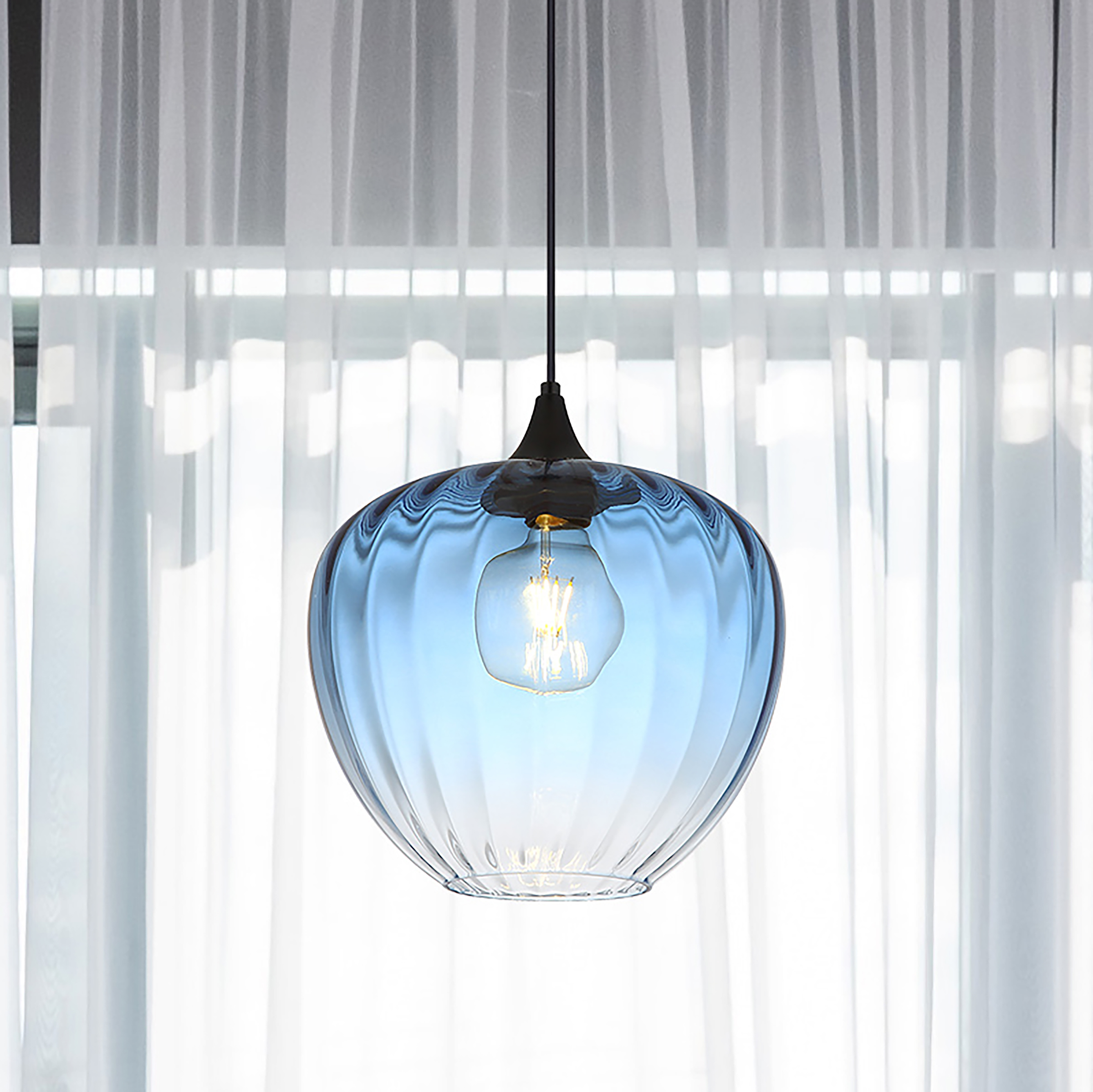 Pendelleuchte Sander Typ D Farbglas / Eisen 1-flammig Blau