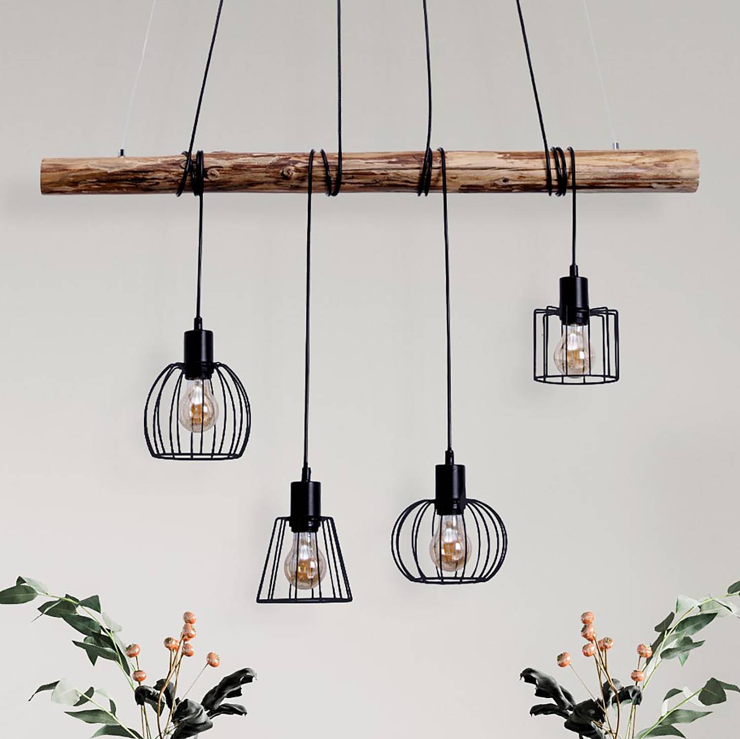 Pendelleuchte Woodland Massiv / Eisen Schwarz 4-flammig