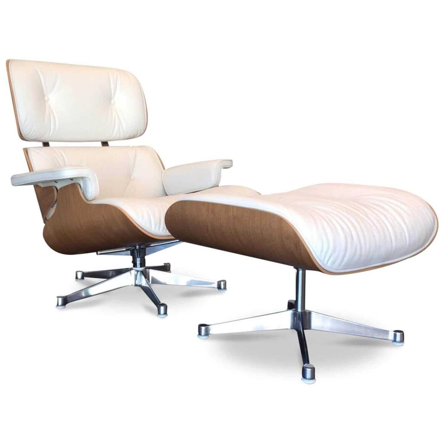 Vitra Sessel Lounge Chair mit Ottoman Leder Weiß Nussbaum