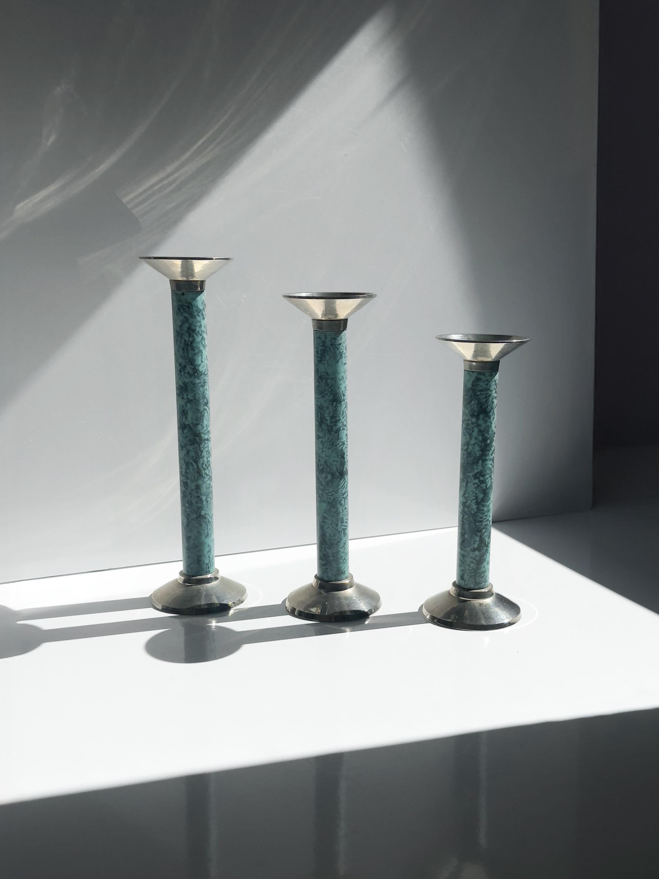 3er Set Vintage Kerzenständer mit türkisfarbener Marmoroptik