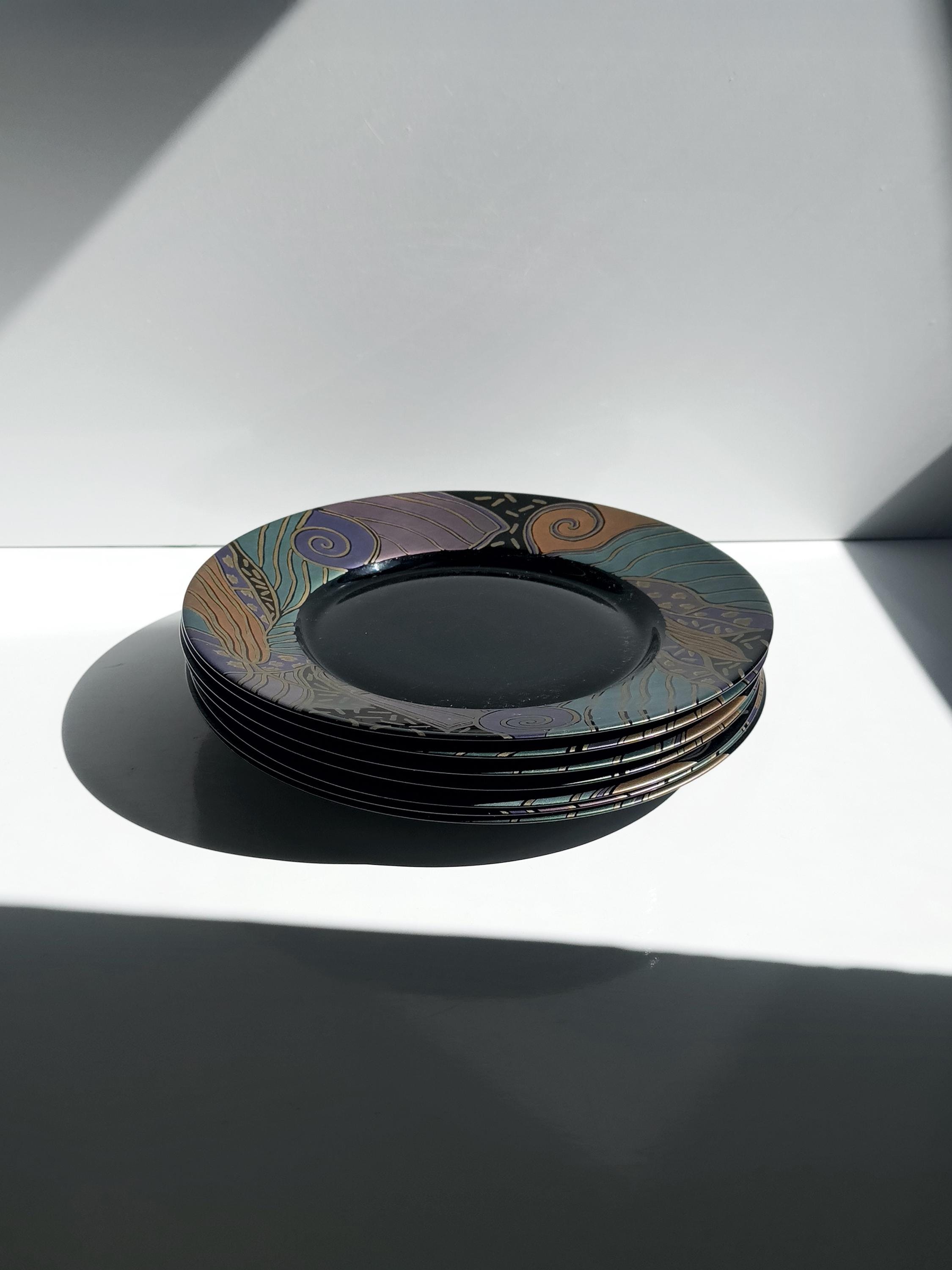 6 Arcoroc Speiseteller aus schwarzem Glas mit Muscheldekor
