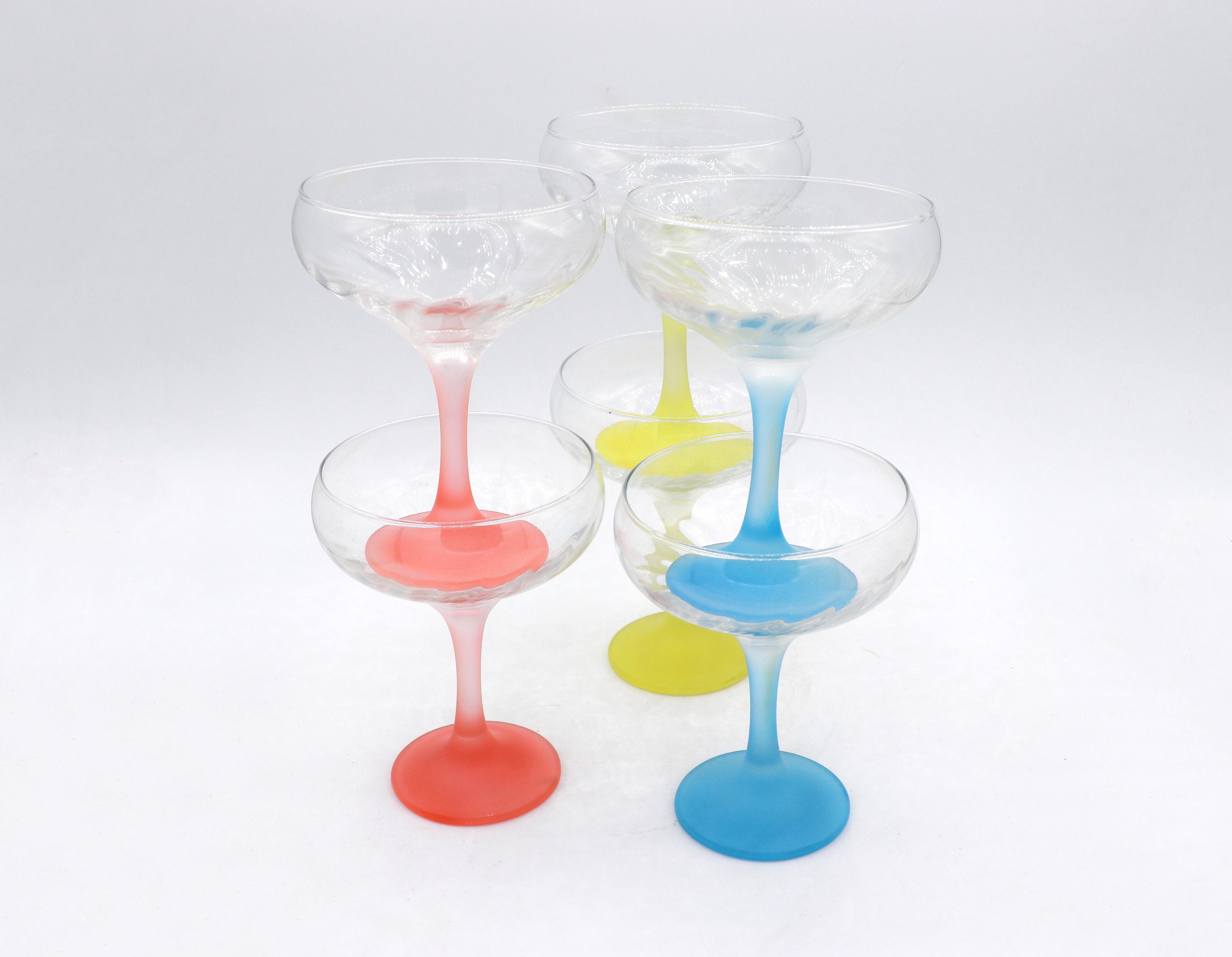 6 Vintage Champagnerschalen mit farbigen Stielen