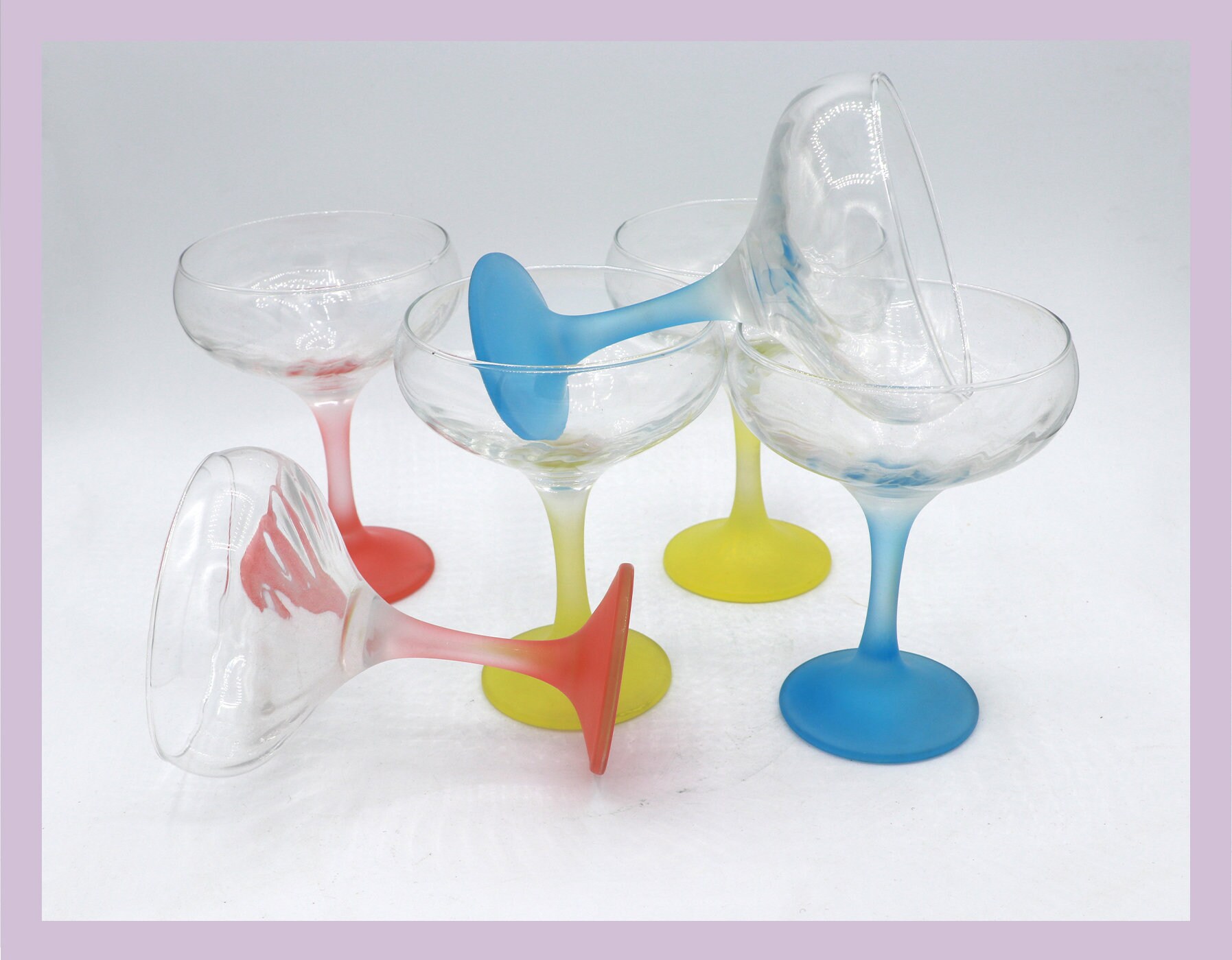 6 Vintage Champagnerschalen mit farbigen Stielen