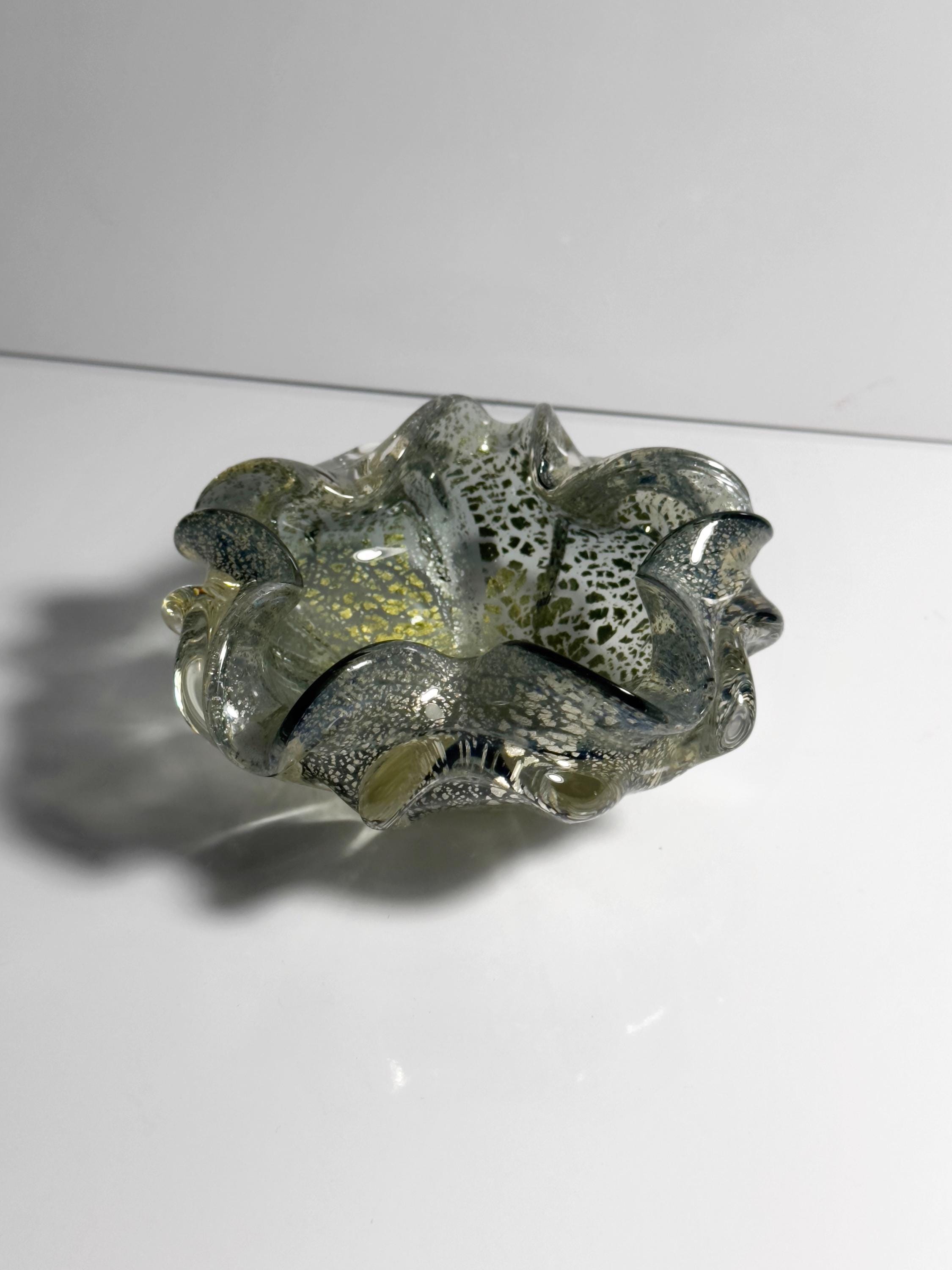 Vintage Murano Glasschale mit Silberblatt-Dekor