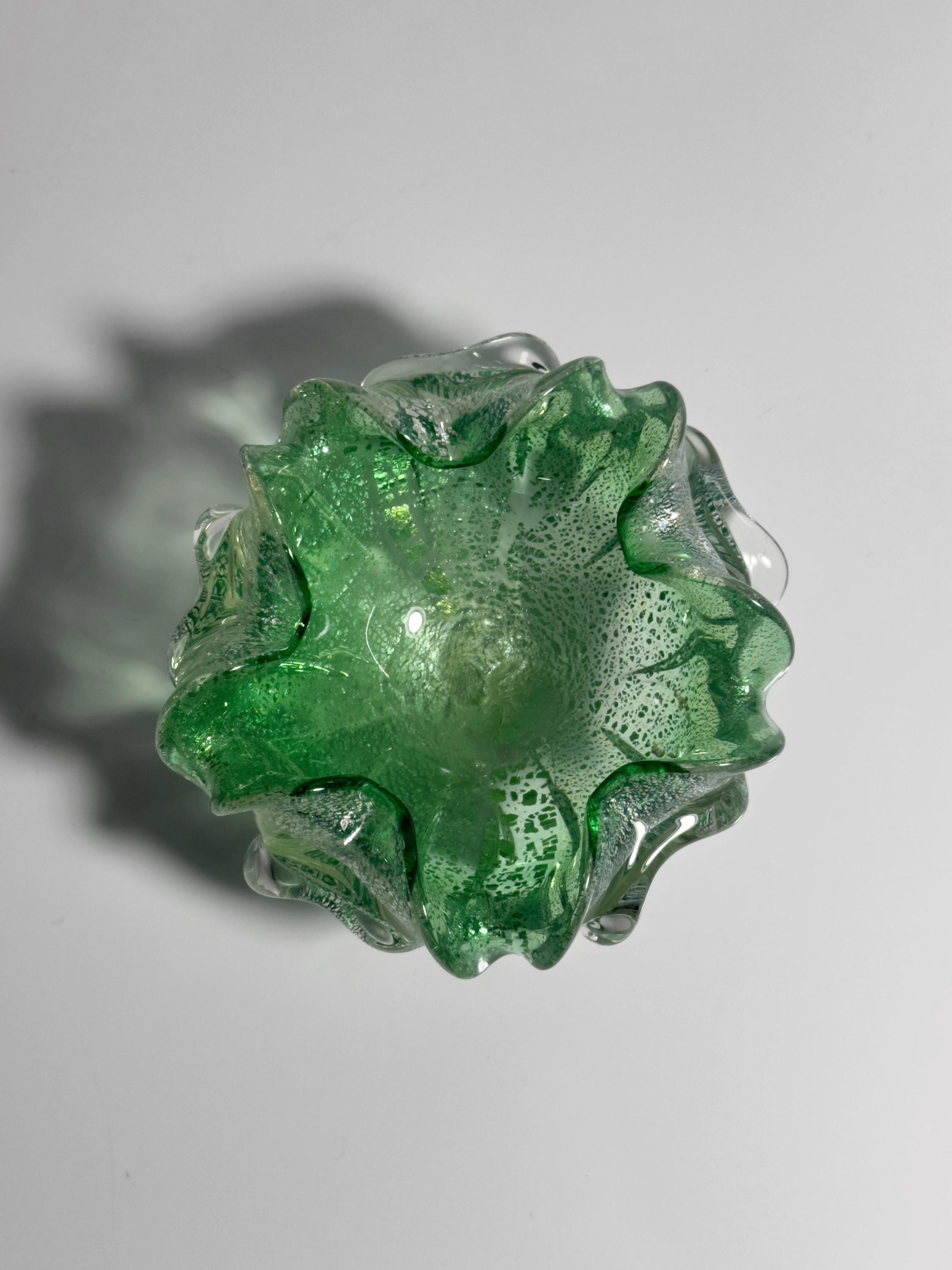 Vintage Murano Glasschale in Mintgrün mit Silberdekor