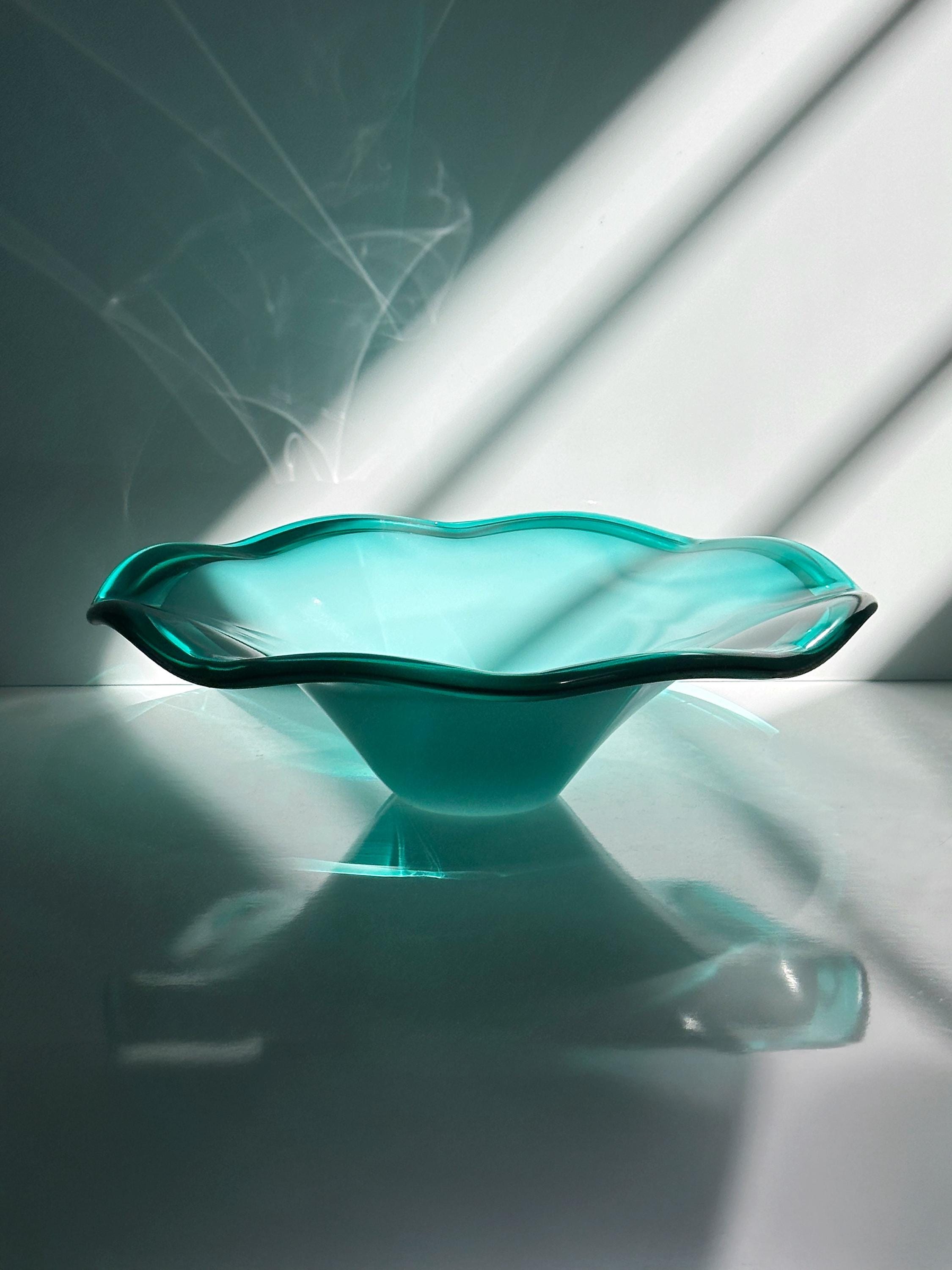 Große Vintage Murano Glasschale in Türkis & Weiß