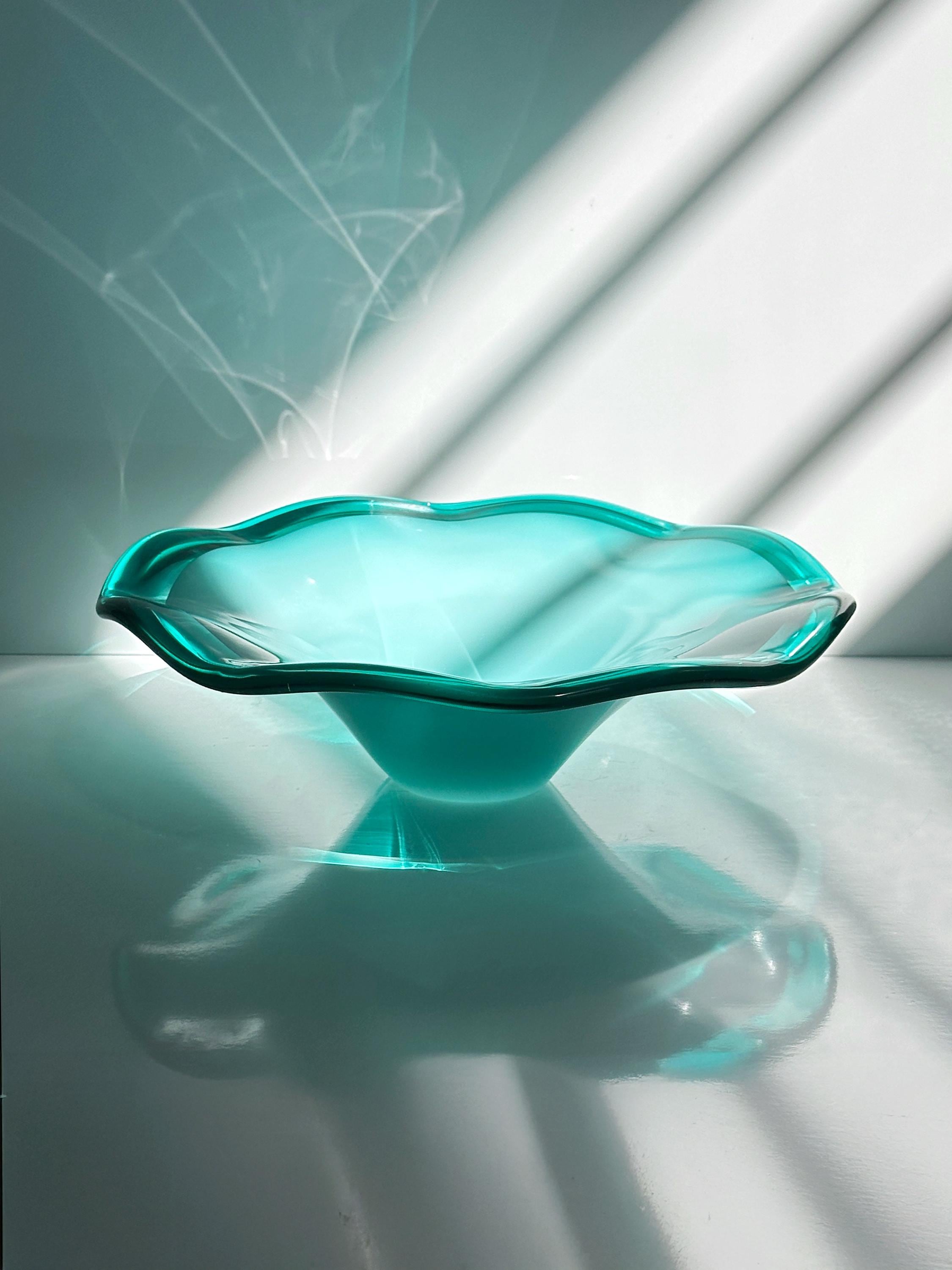 Große Vintage Murano Glasschale in Türkis & Weiß