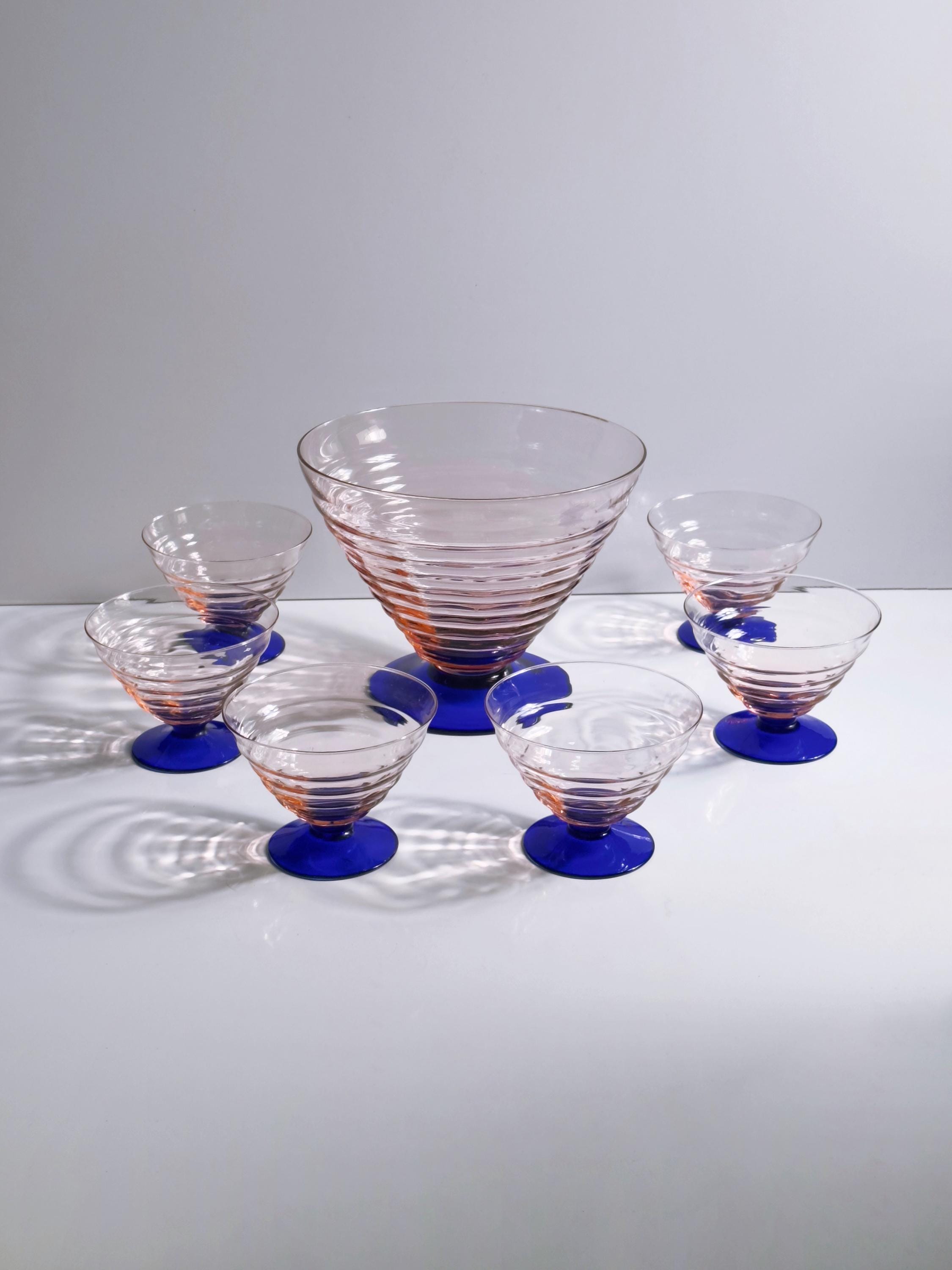 7-teiliges Art-Deco Dessertschalen-Set in Rosa & Kobaltblau