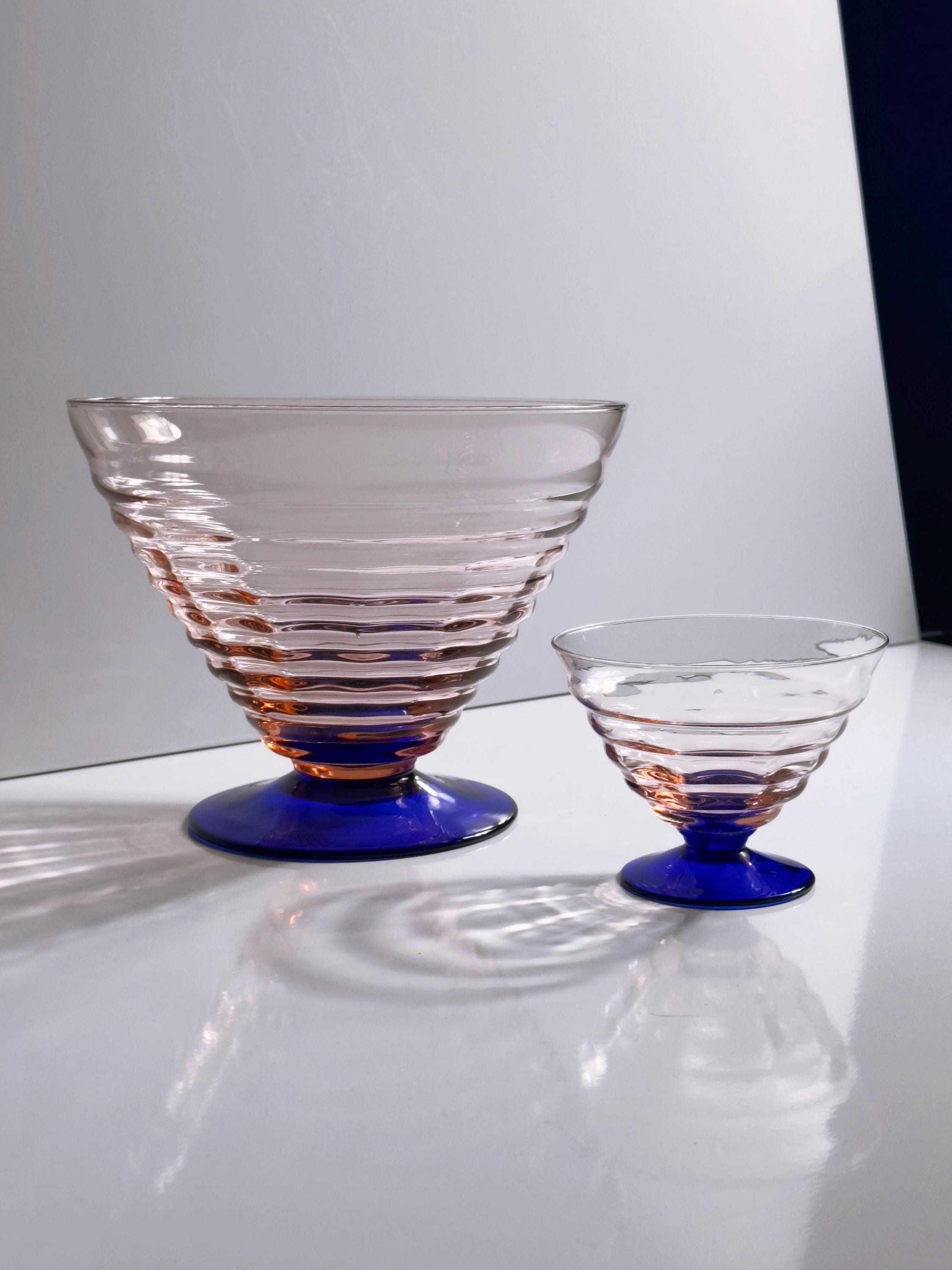 7-teiliges Art-Deco Dessertschalen-Set in Rosa & Kobaltblau