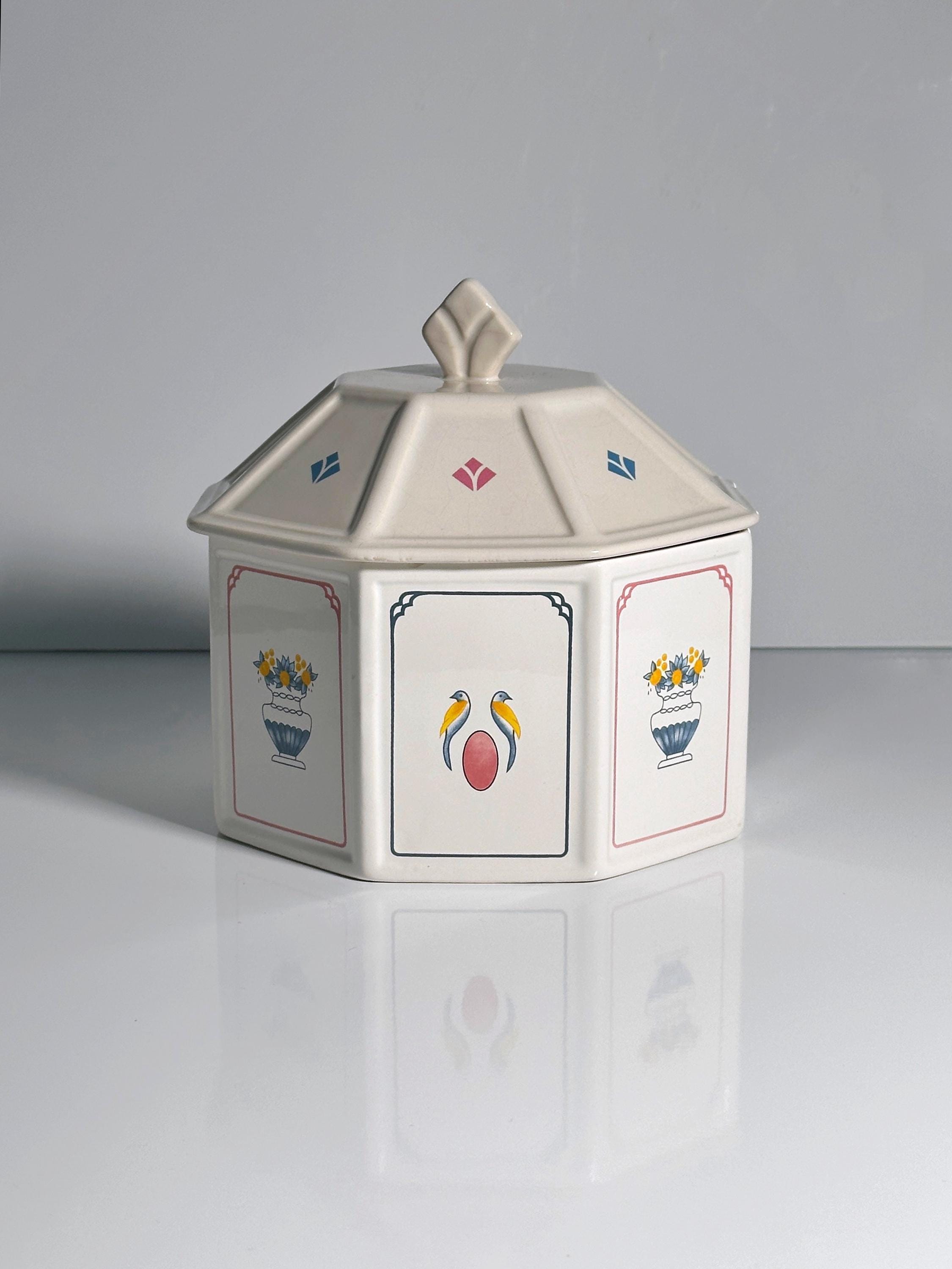 Vintage Keramik-Deckeldose mit Vogel- und Blumendekor