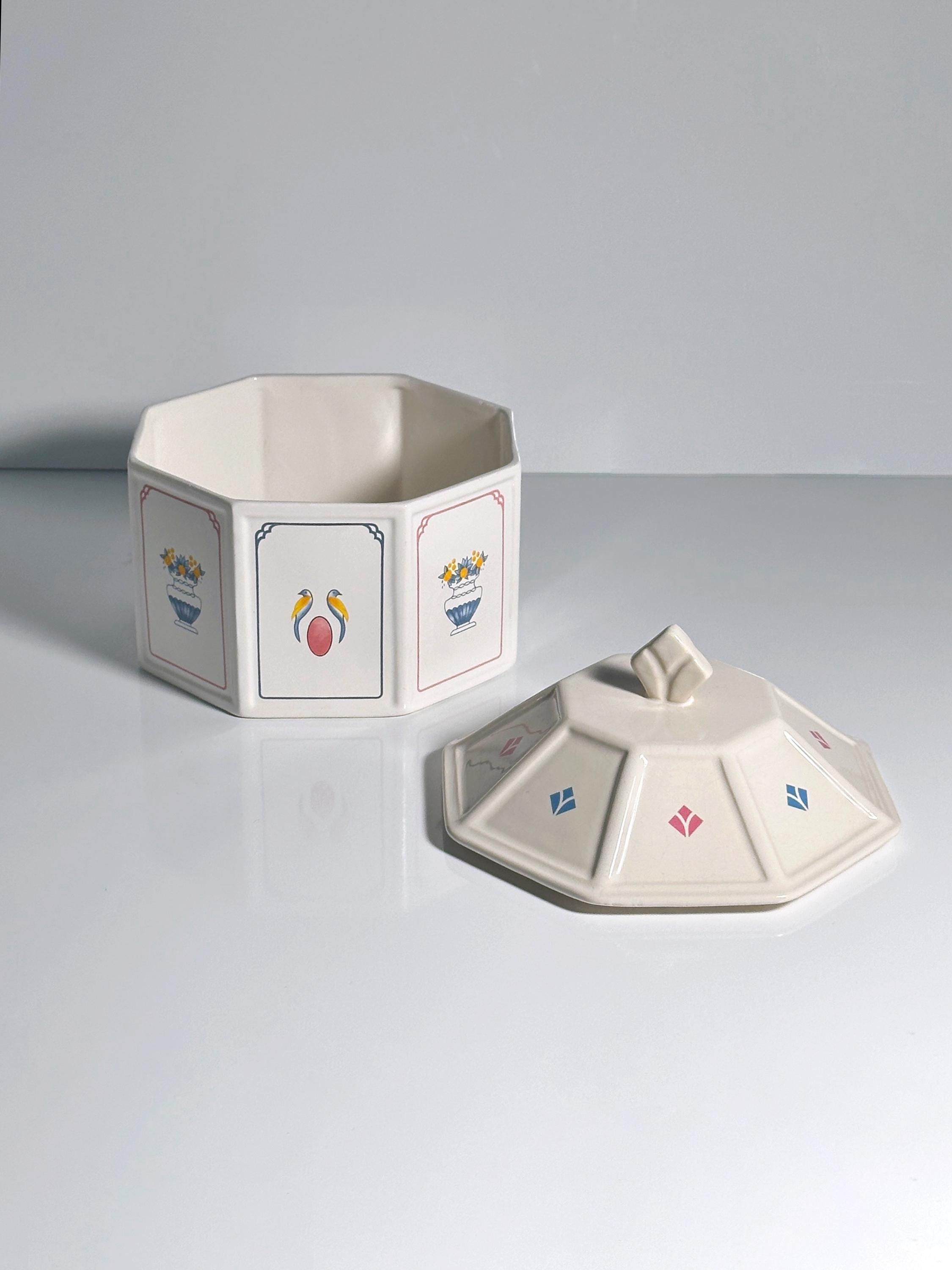 Vintage Keramik-Deckeldose mit Vogel- und Blumendekor