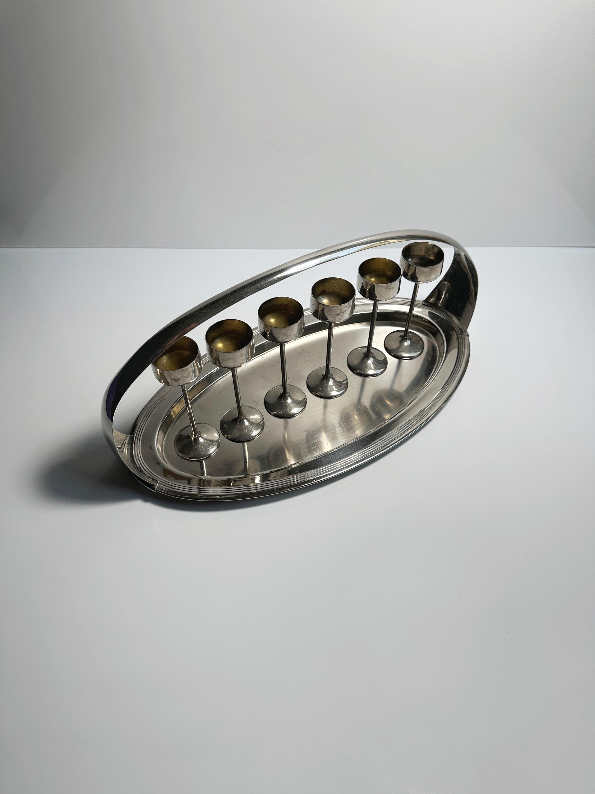 Jugendstil Likörset mit 6 Kelchen und Tablett