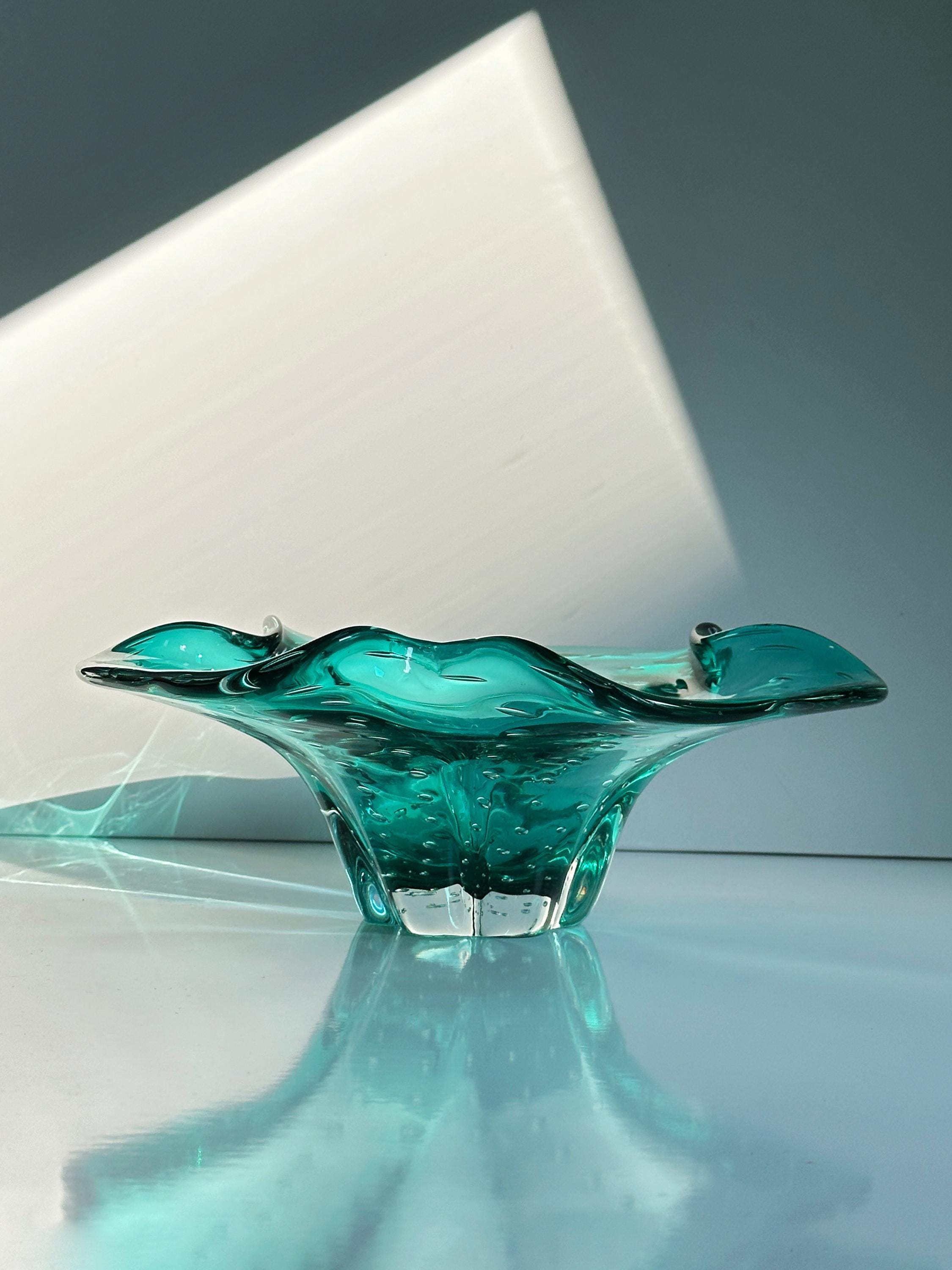 Große Vintage Murano Glasschale in Türkis