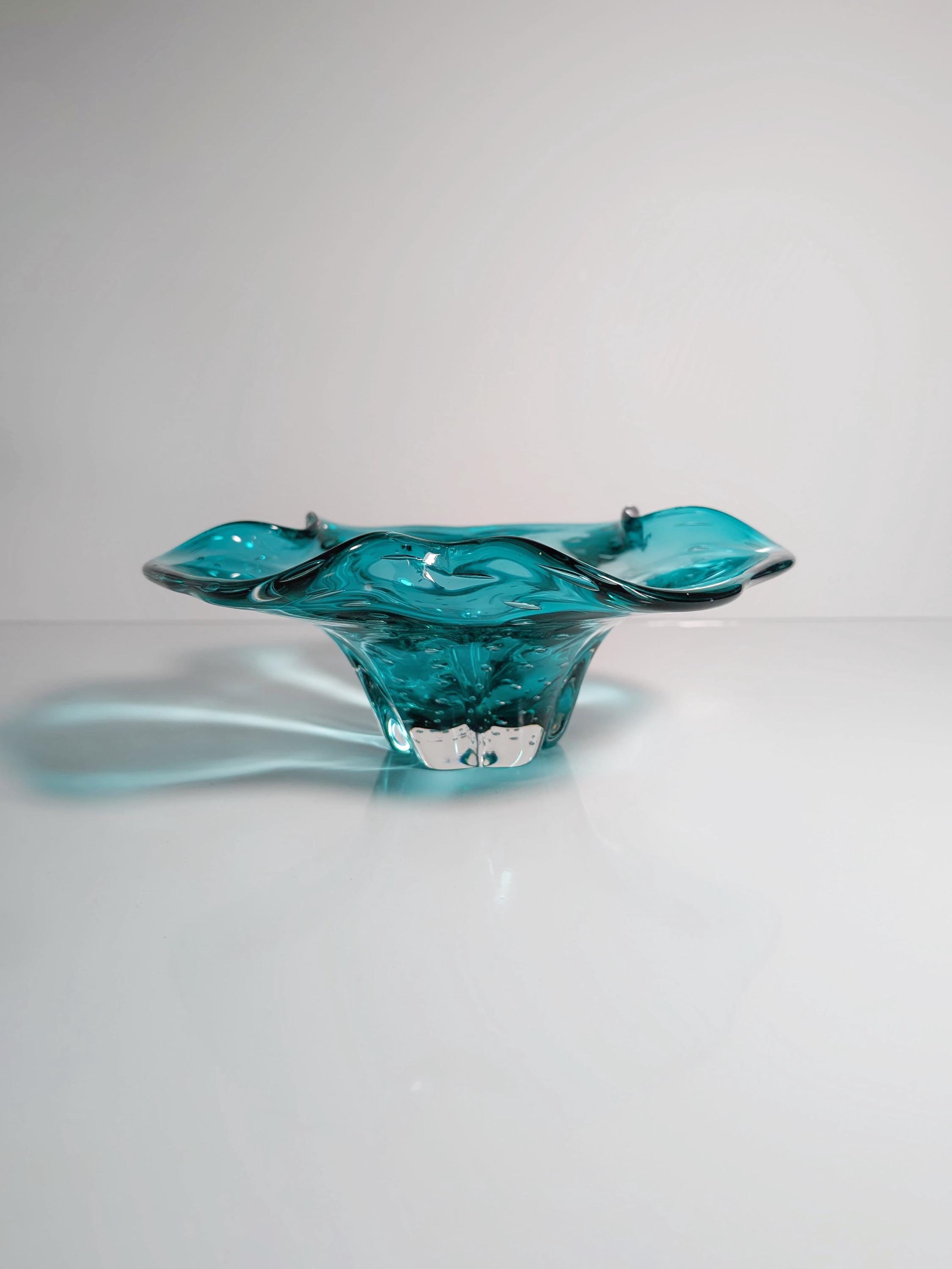 Große Vintage Murano Glasschale in Türkis