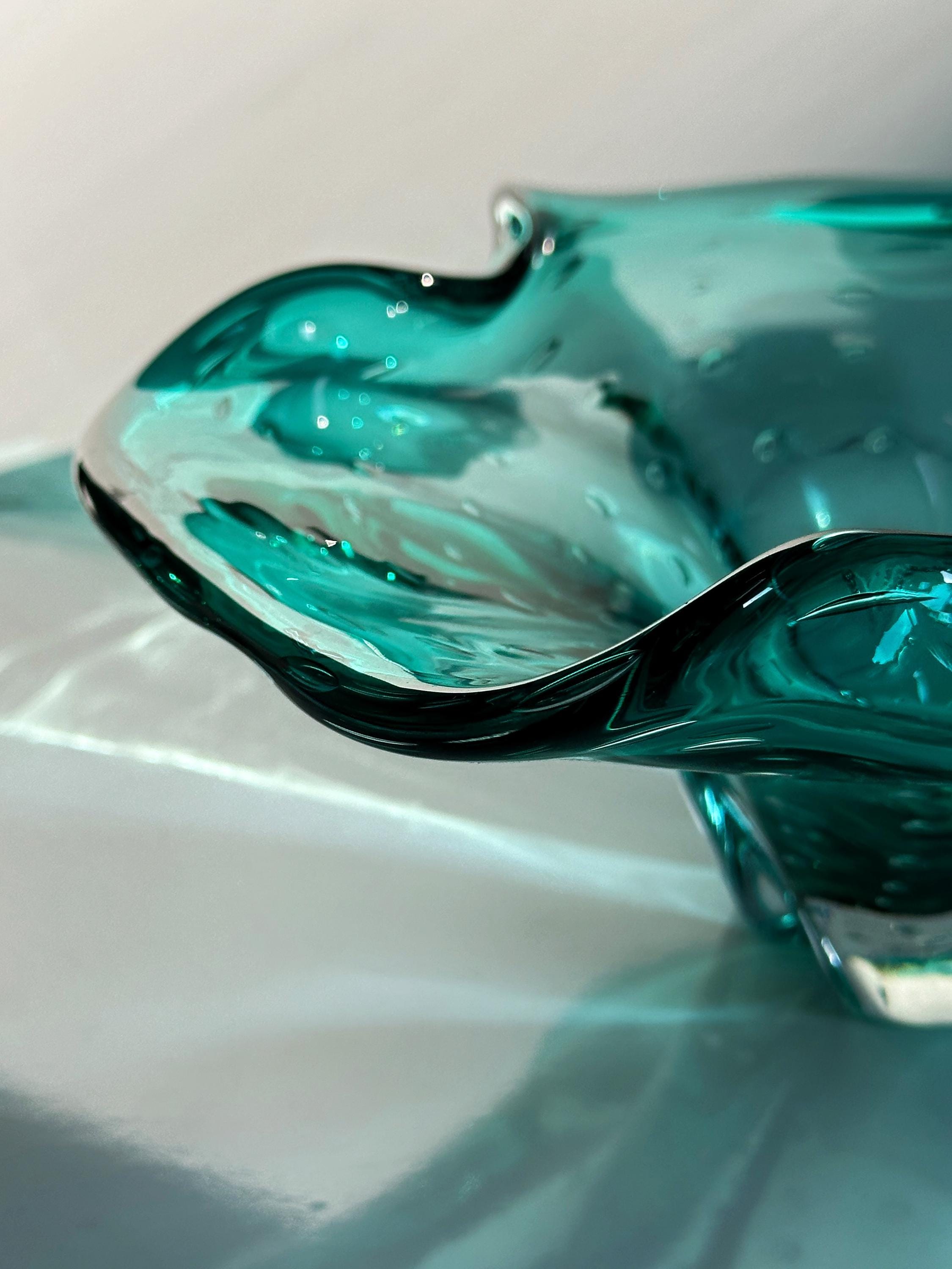 Große Vintage Murano Glasschale in Türkis