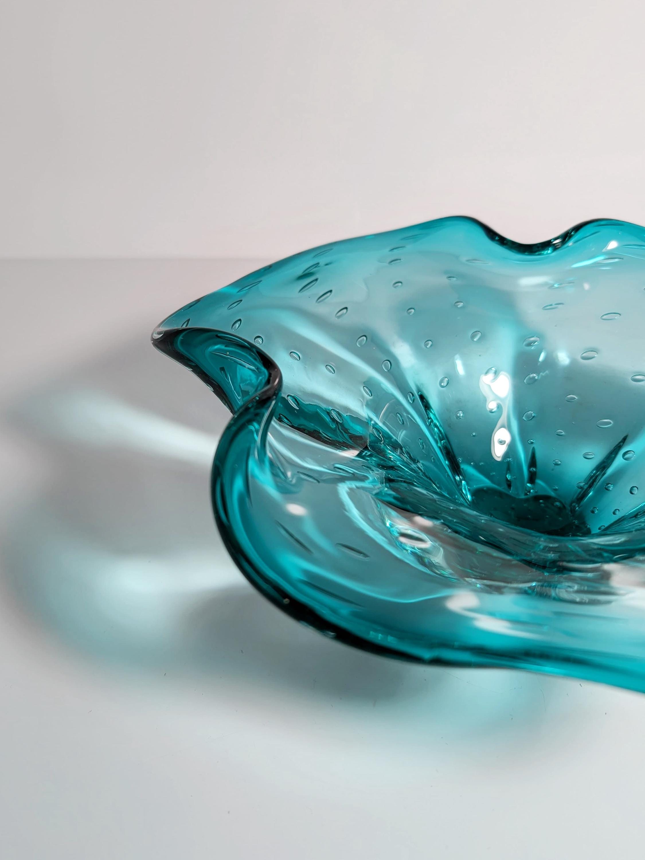 Große Vintage Murano Glasschale in Türkis