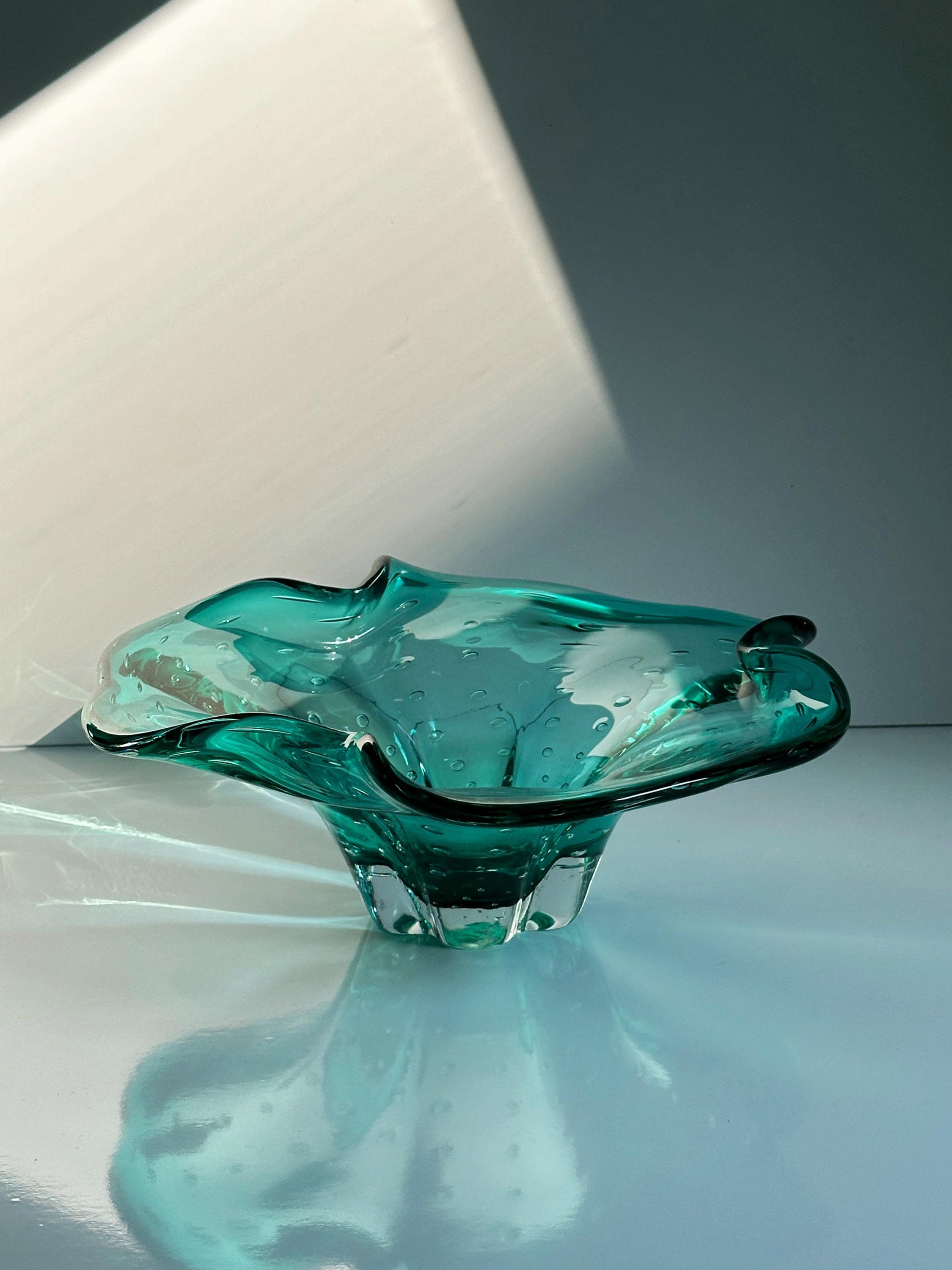 Große Vintage Murano Glasschale in Türkis
