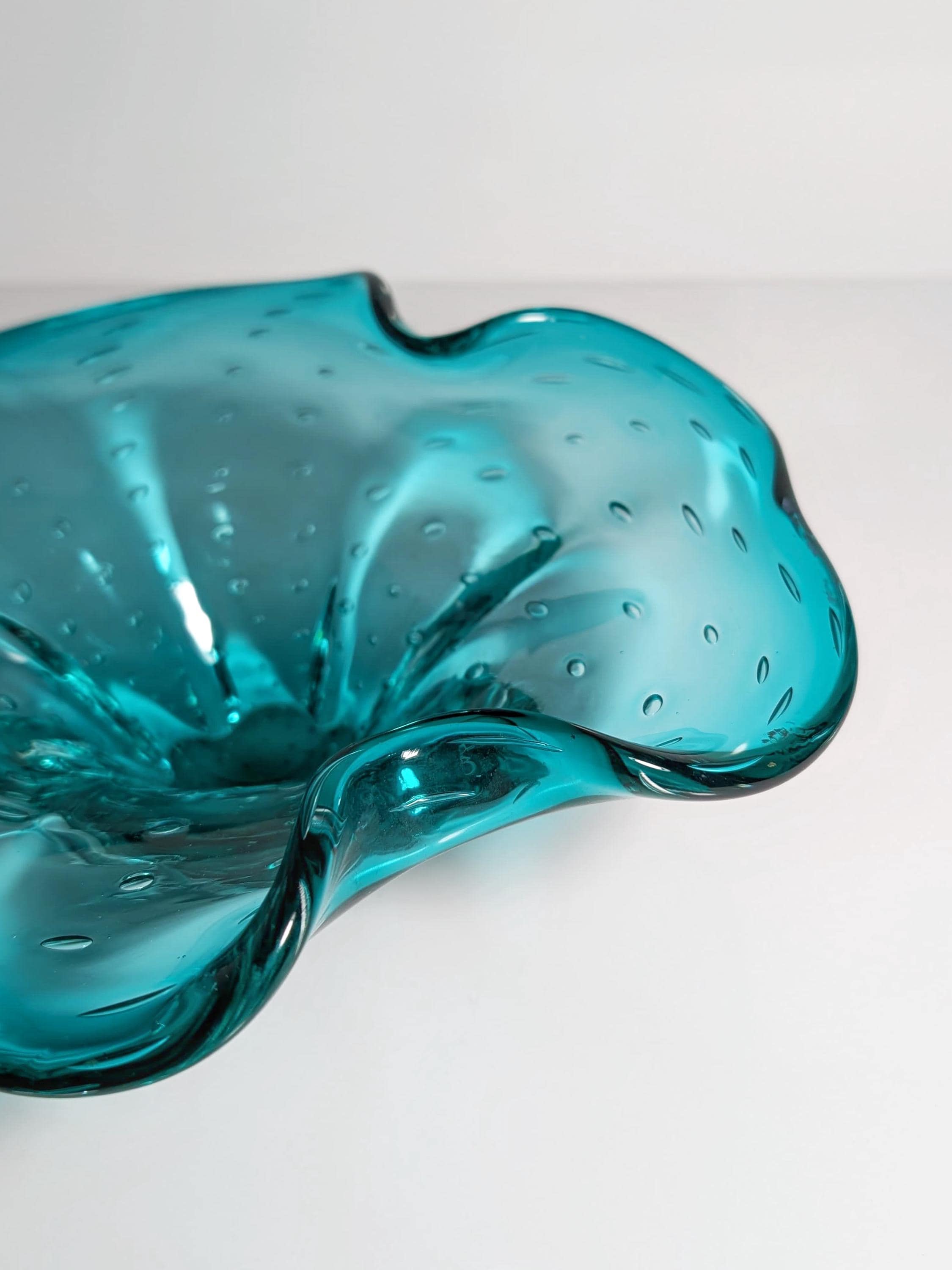 Große Vintage Murano Glasschale in Türkis