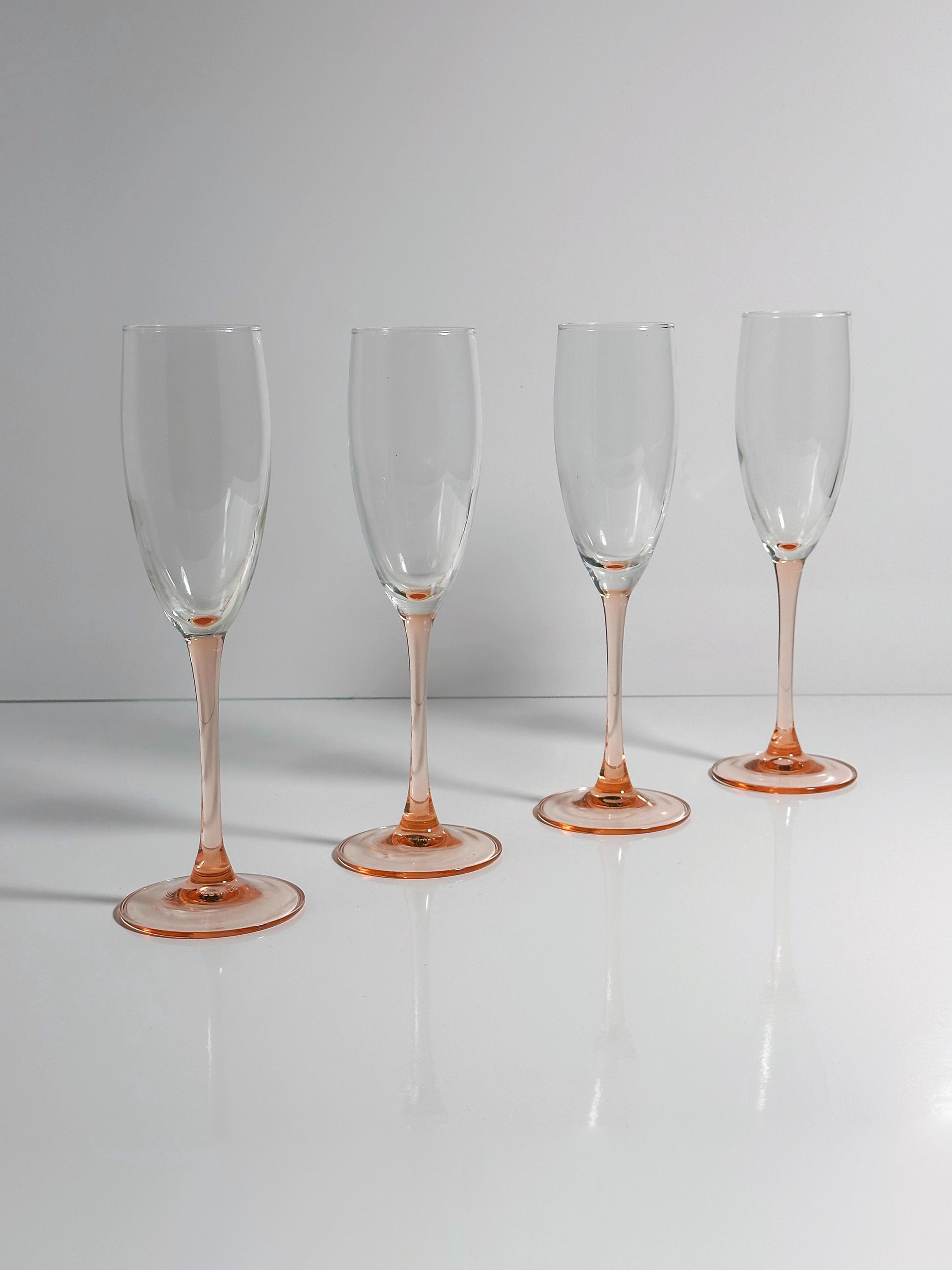 4 Luminarc Sektgläser mit rosa Stiel, Frankreich 1980er