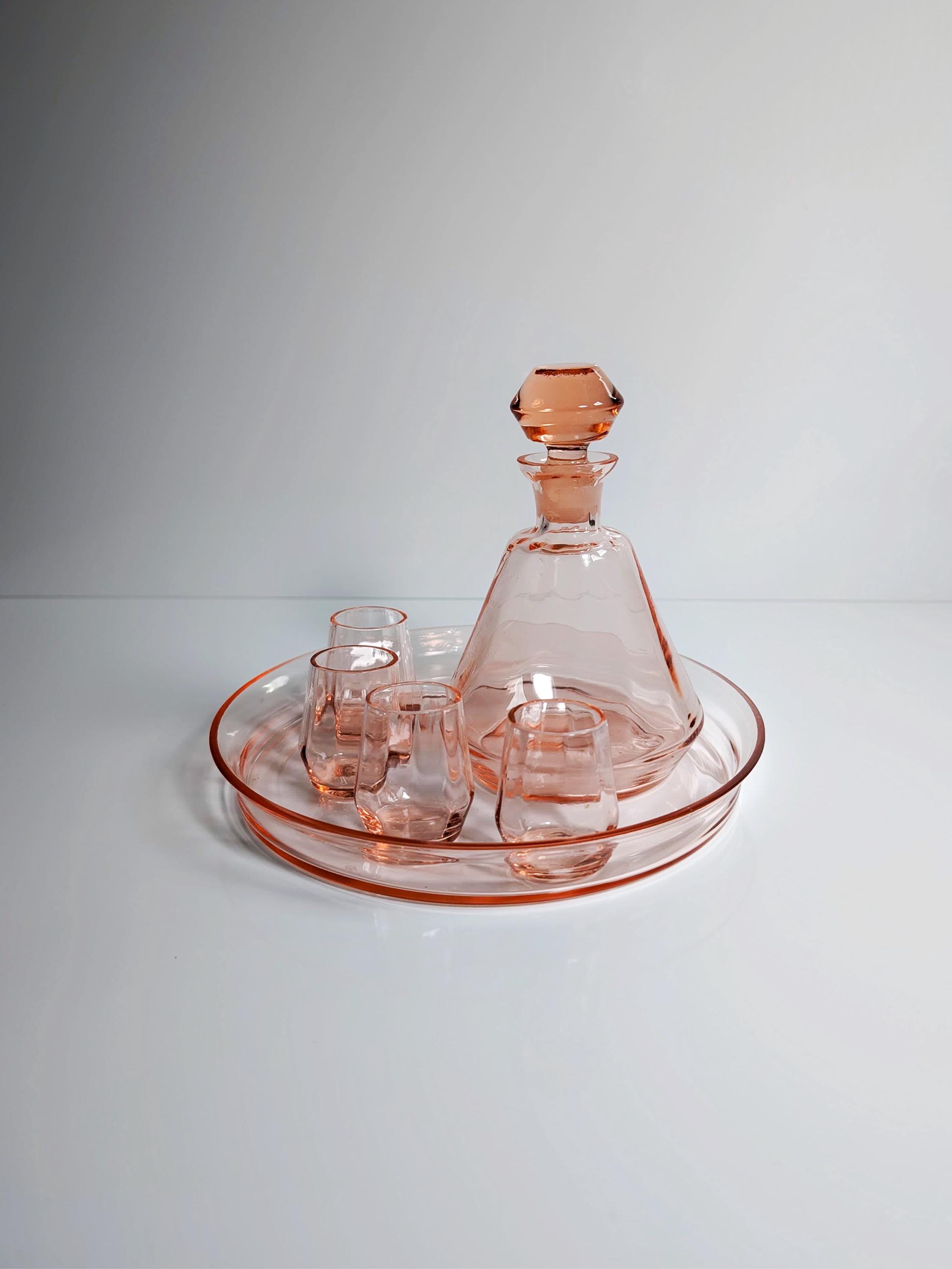 Art Deco Likörset aus Rosalinglas mit Karaffe
