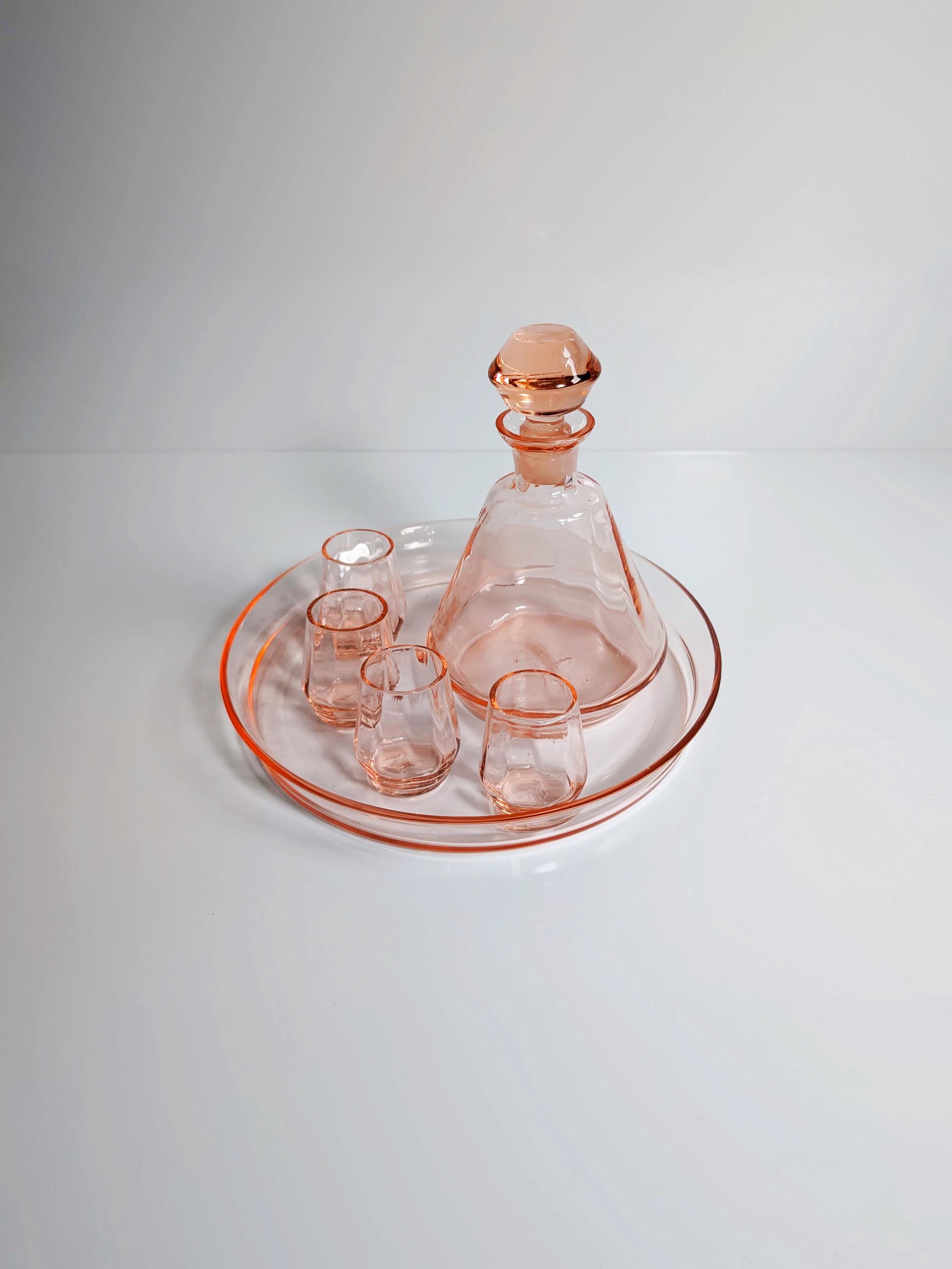 Art Deco Likörset aus Rosalinglas mit Karaffe