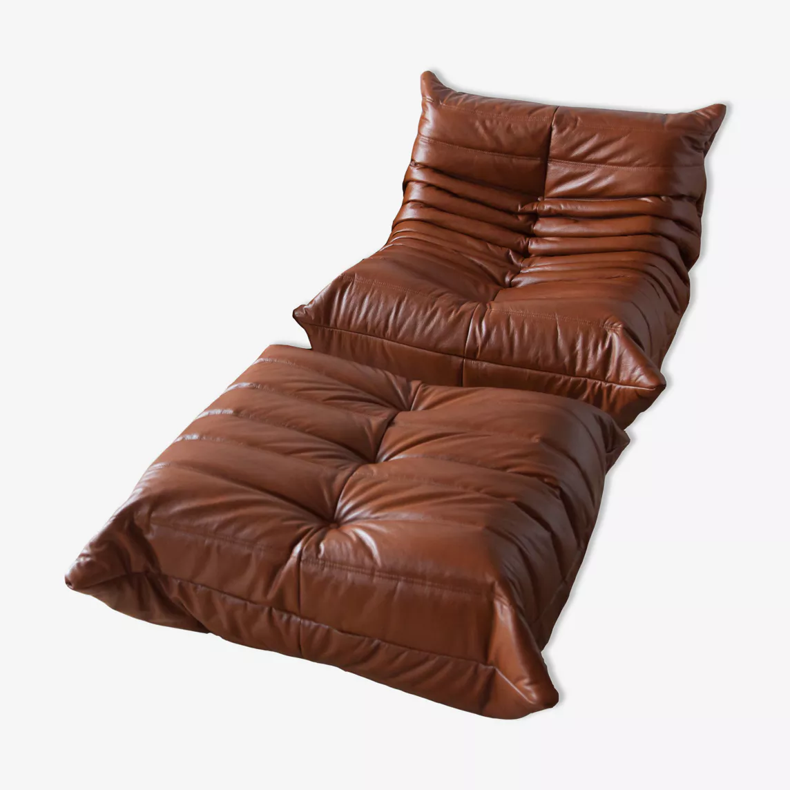 Togo armchair and ottoman set high-gloss leather whisky brown