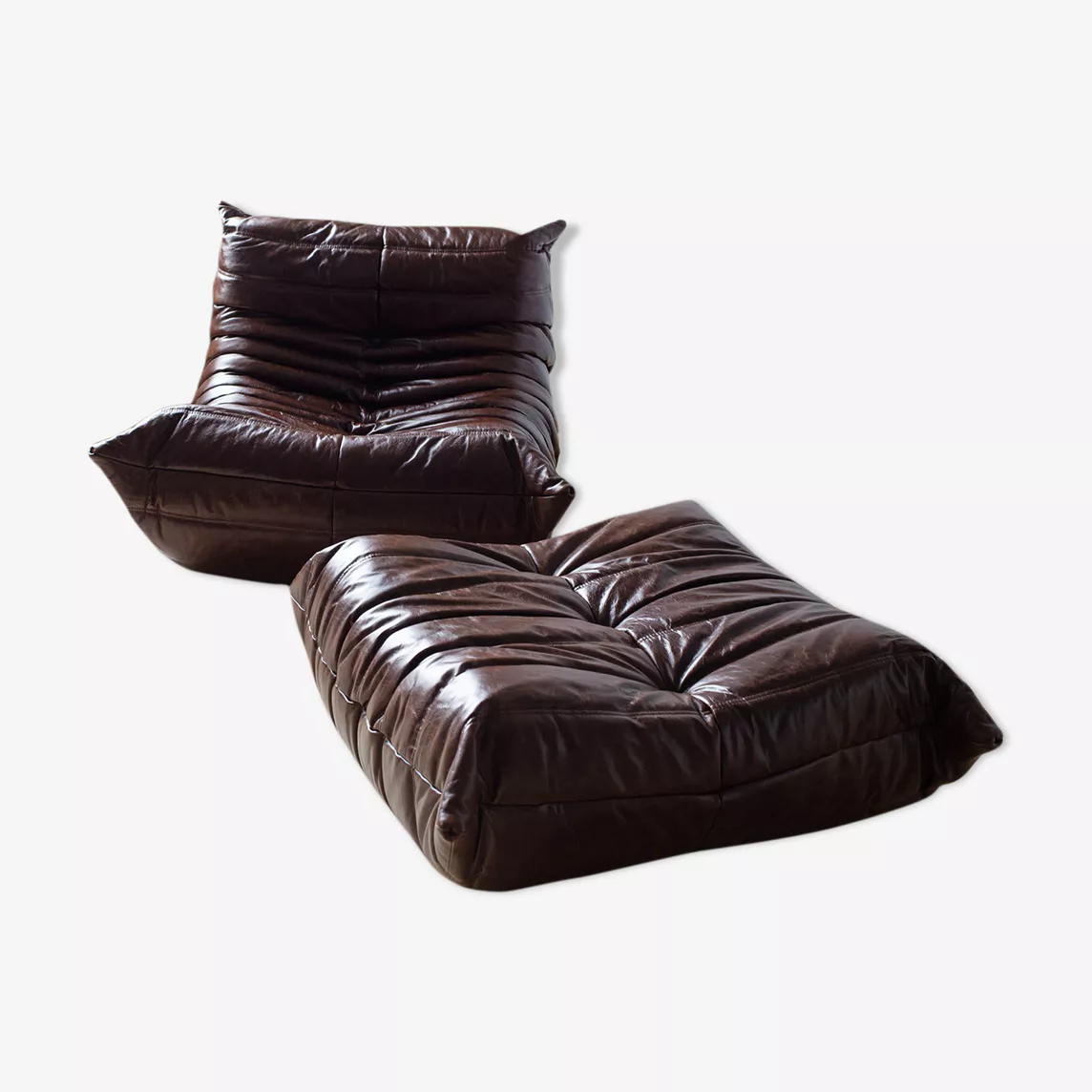Togo Armchair and Ottoman Set High Gloss Leather Dark Brown