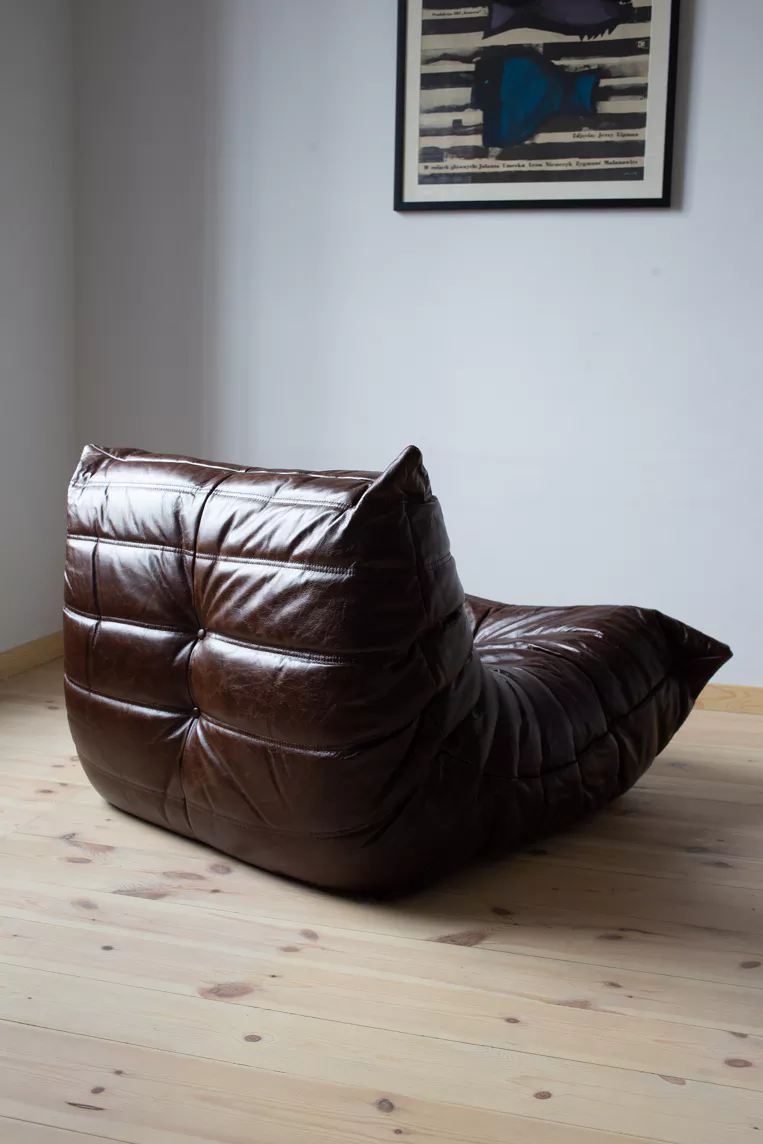 Togo Armchair and Ottoman Set High Gloss Leather Dark Brown