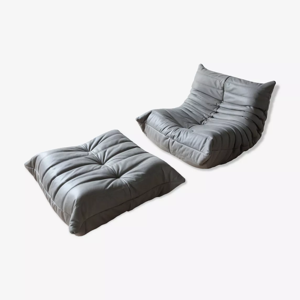 Togo Armchair and Ottoman Set Madras-Leather Ash Grey
