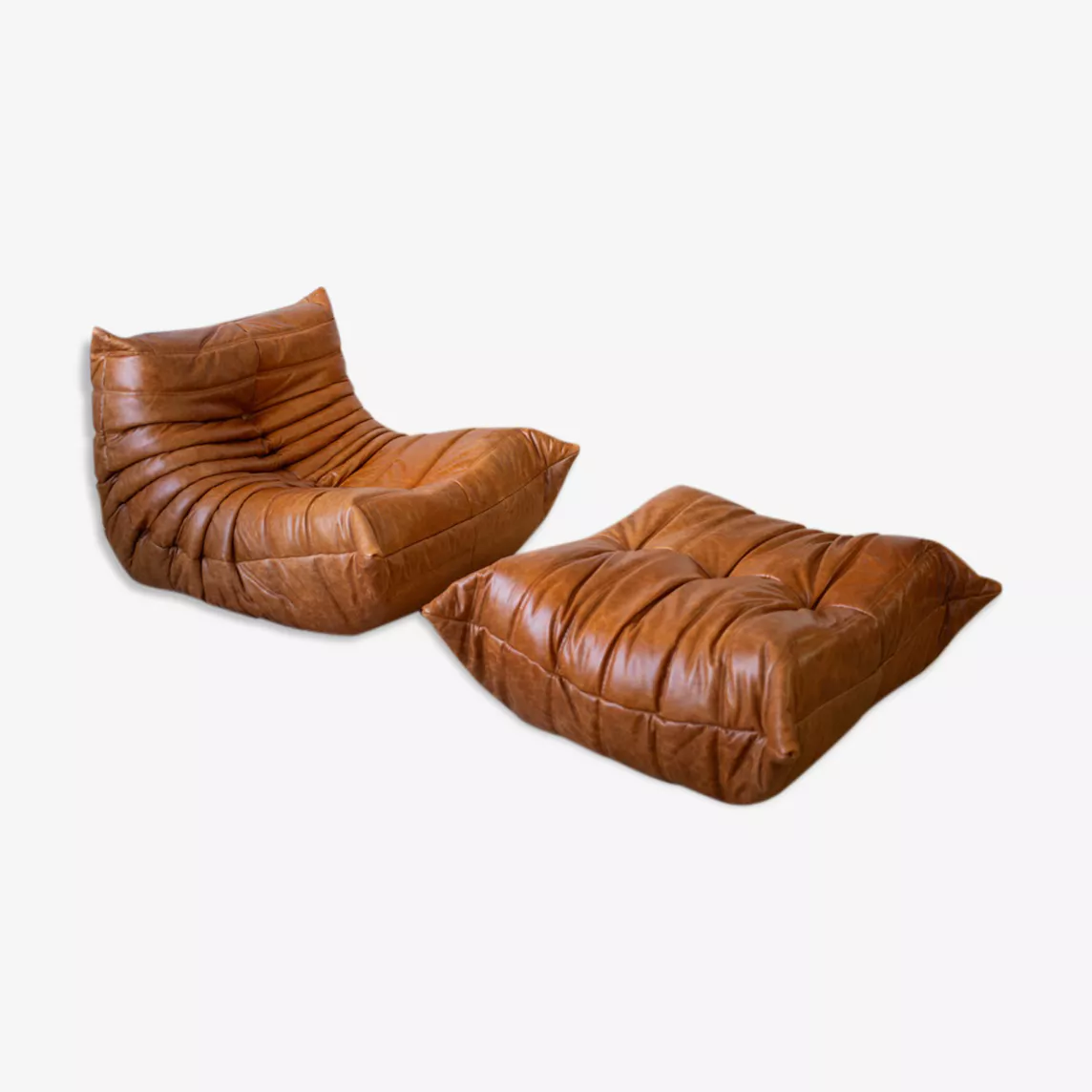 Togo Poltrona e Pouf Set Pelle Pull-Up Marrone Pino