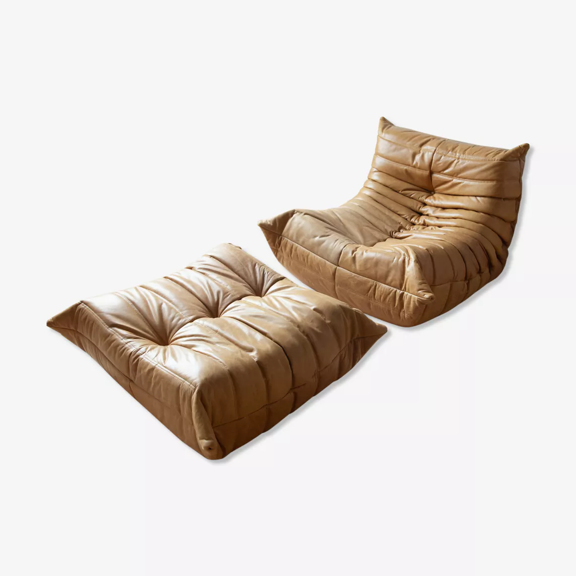 Togo Armchair and Ottoman Set Pull-Up Leather Camel Brown